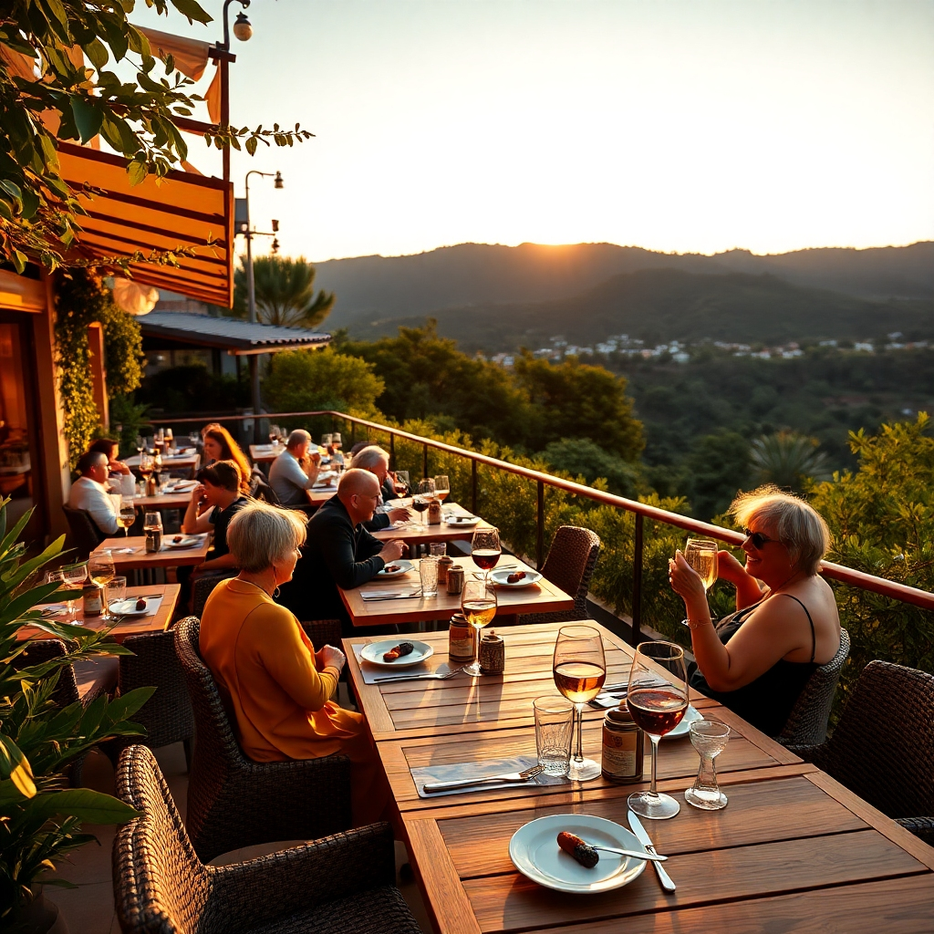 A photorealistic, 8K resolution image of an outdoor terrace restaurant at sunset. The composition features several tables set with diners enjoying their meals. The lighting is warm and golden, created by the setting sun casting long shadows.  The color palette is vibrant and natural, featuring warm sunset hues, lush greens from the surrounding foliage, and the natural tones of wooden furniture. The camera angle is slightly elevated, offering a panoramic view of the terrace and the surrounding landscape. Textures are meticulously detailed, showcasing the rough texture of the wooden tables, the smooth surfaces of the glasses and plates, and the intricate patterns of the fabrics. The environmental elements include a stunning sunset view, lush greenery, comfortable seating arrangements, and a gently blowing breeze.  The scene is rendered in a style that combines elements of hyperrealistic photography and impressionistic painting, capturing both detail and mood. Props include meticulously crafted cocktails and glasses of wine, enhancing the luxurious atmosphere. The overall mood is relaxed, joyful, and elegant, creating a scene of sophisticated outdoor dining.  The image should be hyperrealistic and ultra-detailed, capturing the textures of the environment with attention to atmospheric perspective and color grading, in the style of Steve McCurry's landscape photography.