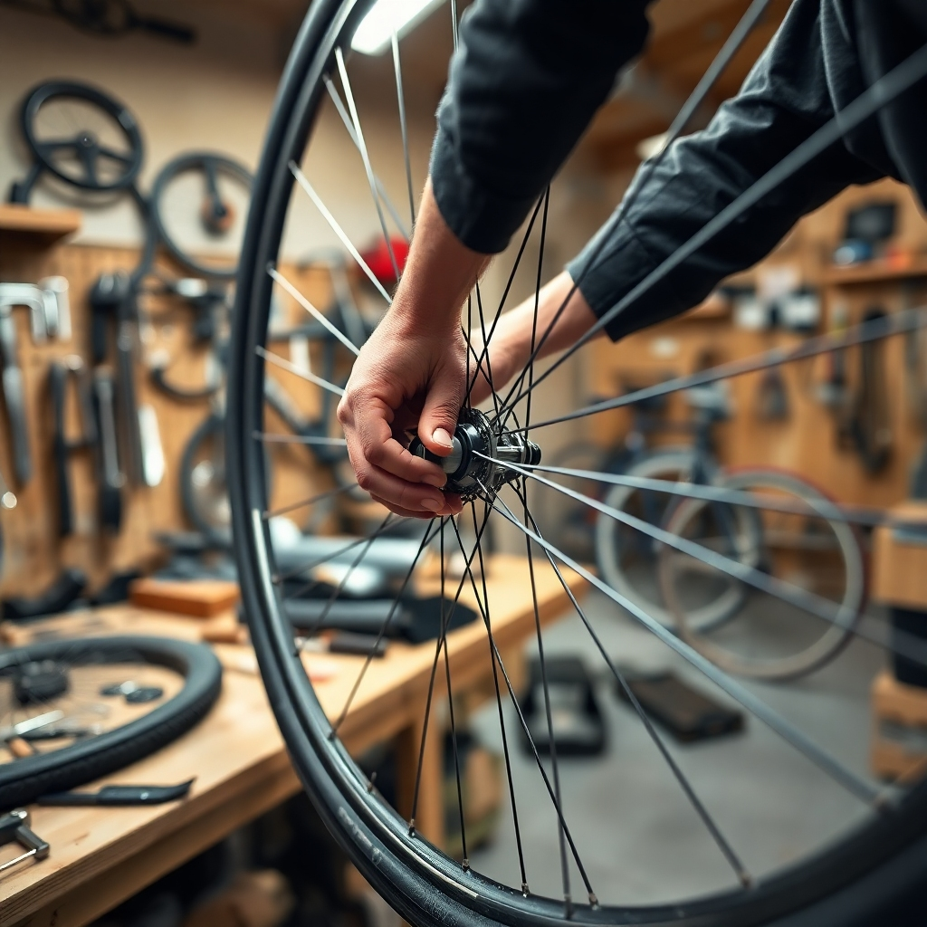 A photorealistic, 8K resolution image depicting a bike mechanic meticulously truing a bicycle wheel. The scene is set in a well-lit workshop with soft, diffused lighting, emphasizing the intricate details of the process. The color palette is warm and inviting, with natural wood tones and metallic accents. The camera angle is slightly elevated, providing a clear view of the mechanic's hands expertly adjusting the spokes.  The texture of the metal spokes, the rubber tire, and the wooden workbench are highly detailed.  The background includes neatly organized tools and partially disassembled bicycles, suggesting a professional and organized workspace. The overall mood is calm and focused, reflecting precision and expertise. The style is reminiscent of the work of renowned product photographers, capturing the beauty and precision of the craft. The image should be hyperrealistic and ultra-detailed, showcasing the high level of skill and attention to detail involved in wheel truing.  The mechanic's hands are shown clearly, emphasizing the dexterity and precision of their work. A slight depth of field is present, focusing on the wheel and the mechanic's hands while softly blurring the background. The image should convey a sense of trust and expertise.