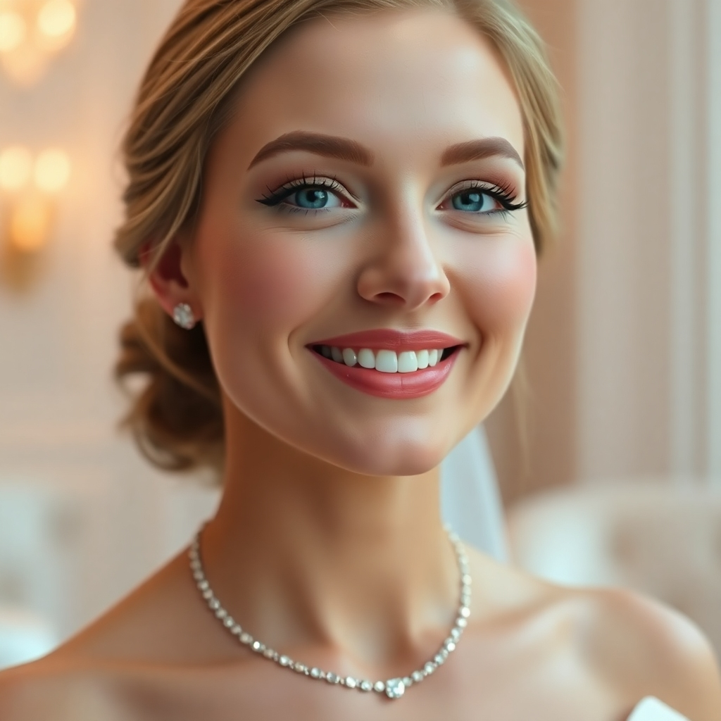 A photorealistic, 8K resolution image depicting a bride with elegant, natural-looking bridal makeup. Soft diffused lighting illuminates her face, highlighting her cheekbones and the subtle shimmer of her eyeshadow. The color palette is warm and romantic, featuring soft pinks, peaches, and champagne golds. The camera angle is slightly elevated, capturing her from the chest up, emphasizing her radiant smile. The background is a softly blurred, luxurious hotel room, with hints of white and gold decor. Her hair is styled in a romantic updo, with loose strands framing her face.  The makeup textures are smooth and seamless, with a focus on a luminous complexion. Fine details such as individual eyelashes and the subtle texture of her lips are clearly visible. The overall mood is one of timeless elegance and joy. The style references are Annie Leibovitz and Patrick Demarchelier for their classic yet modern portraiture style. The image should be ultra-detailed and hyperrealistic, showcasing the skill and artistry of the makeup application.  The bride wears a delicate diamond necklace, subtly sparkling under the light.