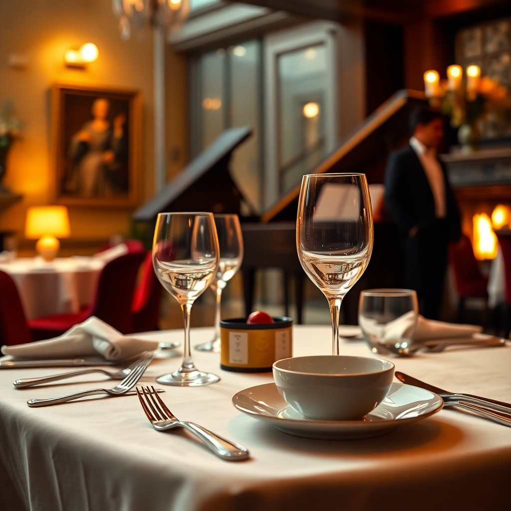 A photorealistic, 8K resolution image depicting a fine dining restaurant scene. The composition features a meticulously set table for two in the foreground, with soft diffused lighting highlighting the elegant silverware, crisp white linen, and delicate glassware.  The color palette is warm and sophisticated, with deep reds, rich browns, and soft gold accents. The background includes a softly blurred view of the restaurant's interior, showcasing luxurious decor and subtly lit artwork. The camera angle is slightly elevated, providing a view of the entire table setting. Textures are ultra-detailed, showing the sheen of the silverware, the smoothness of the porcelain, and the fine weave of the tablecloth. The overall mood is one of refined elegance and intimacy. The scene is rendered in the style of a contemporary fine art still life, with attention to detail akin to the work of a master photographer like Annie Leibovitz.  Environmental elements include a softly playing piano in the background and a roaring fireplace, subtly adding to the warm atmosphere.  Include a partially visible waiter in the background, adding to the elegant service. The image should be hyperrealistic and ultra-detailed, emphasizing the textures and fine details of each object.  The image should be created with deep focus and cinematic depth of field, showcasing the richness of the scene