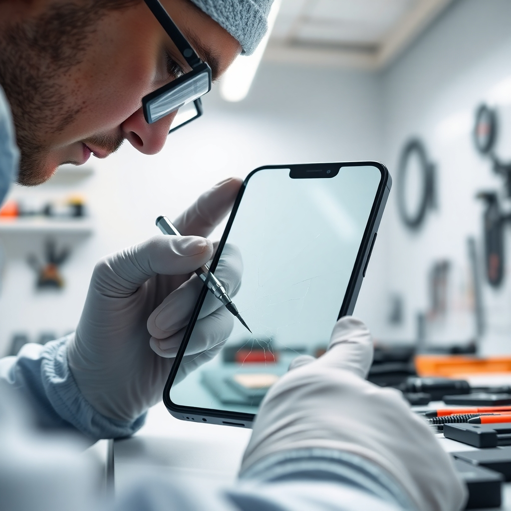 A photorealistic, 8K resolution image depicting a technician meticulously repairing a cracked iPhone 14 Pro Max screen. The setting is a clean, well-lit repair shop with soft diffused lighting. The color palette is neutral and calming, with cool blues and whites dominating.  The camera angle is slightly elevated, looking down at the technician's hands as they expertly work with precision tools. The texture of the phone's glass is highly detailed, showing the subtle reflections of the overhead lights. The technician's hands are visible, displaying focus and precision. The background features neatly organized repair tools and parts.  The style should be reminiscent of a high-end product advertisement, emphasizing both precision and cleanliness. The overall mood is professional, trustworthy, and reassuring.  The image should evoke a sense of confidence in the quality of the repair. The technician is wearing anti-static gloves and using specialized tools. The repair area is spotlessly clean, suggesting a professional working environment.  The image should be hyperrealistic, ultra-detailed, and capture the subtle textures of the materials being used. The image must focus on minute details, and the composition should emphasize the skill and attention to detail in the repair process.  In the style of a professional product photography showcasing high-tech repair processes. 