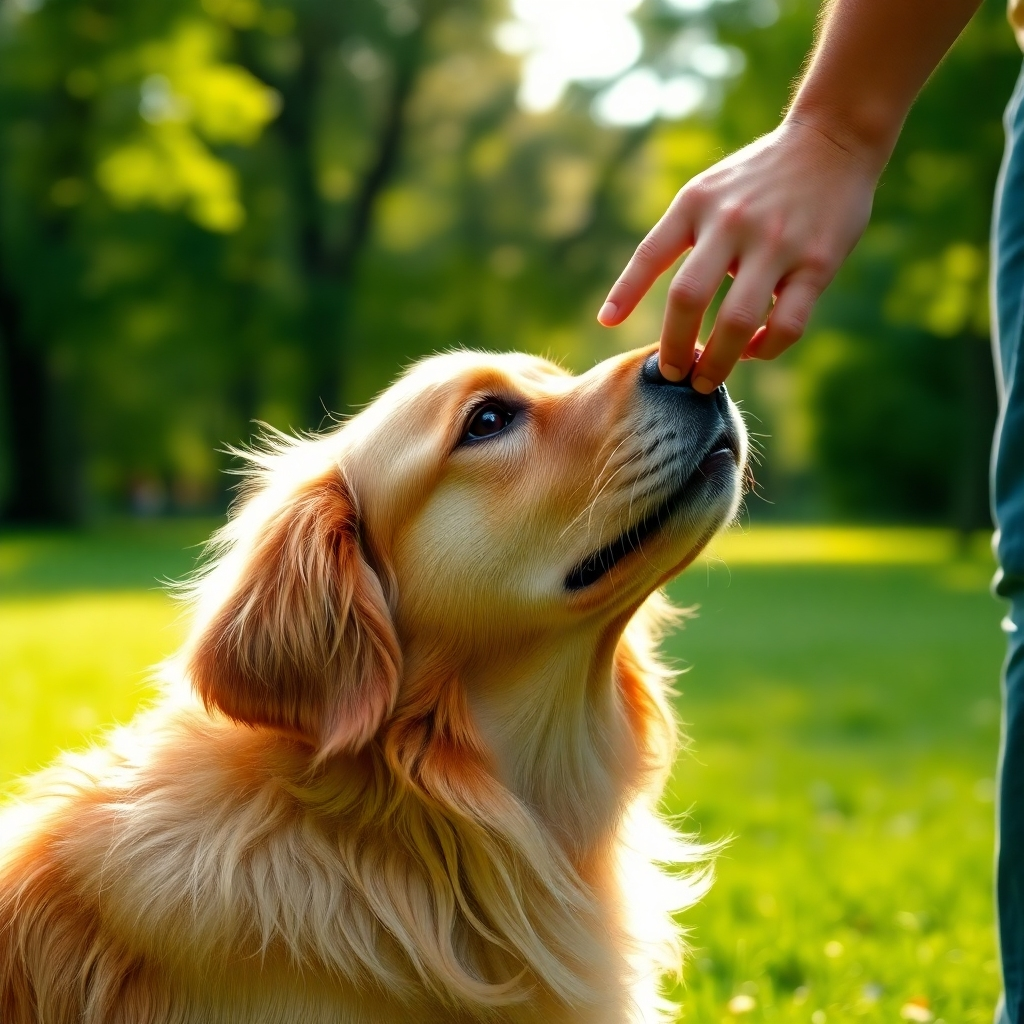 A photorealistic, 8K resolution image depicting a golden retriever attentively focused on its owner during a basic obedience training session in a lush green park. Soft diffused sunlight bathes the scene, creating a warm, inviting mood. The composition is eye-level, showcasing the dog and owner interacting closely.  The dog's fur is rendered with ultra-detailed texture, highlighting its softness and shine.  The owner's hands are clearly visible, gently guiding the dog. The background is softly blurred, featuring lush green grass and a few subtly visible trees. The color palette is predominantly warm, with greens, browns, and golden hues. The overall style emulates the work of renowned pet photographers, emphasizing a candid and natural feel.  The image should convey a sense of calm, trust, and positive reinforcement. The lighting is natural and even. The perspective is from a slightly elevated angle, emphasizing the interaction between the dog and owner.