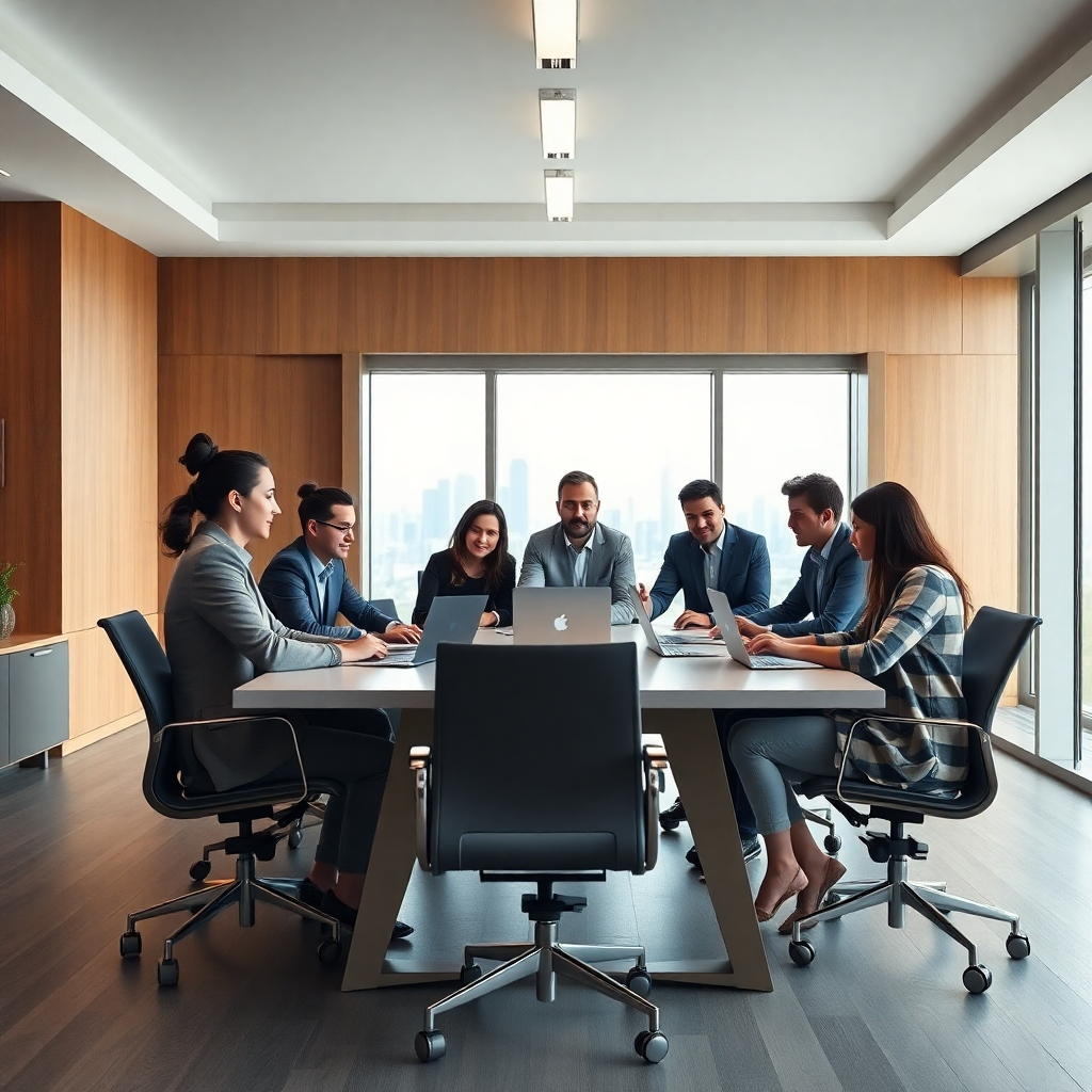 A photorealistic, 8K resolution image depicting a modern, well-lit office space. The main focus is a small group of diverse professionals collaborating around a large conference table, actively engaged in a productive meeting. Soft, diffused lighting illuminates the scene, creating a warm and inviting atmosphere. The color palette is sophisticated and professional, featuring muted blues, greys, and natural wood tones. The camera angle is slightly elevated, offering a dynamic perspective that captures the energy and engagement of the team. The texture of the table, the fabrics of their clothing, and the metallic finishes of the technology around them should be highly detailed and hyperrealistic.  The background subtly features a large window looking onto a city skyline, emphasizing a sense of ambition and success. The image should be styled in the manner of a contemporary corporate photographer, focusing on natural poses and interactions. The mood should be professional yet approachable, conveying a sense of teamwork and collaborative success.  High attention to detail is necessary to capture the fine textures of the clothing, the reflective surfaces of electronic devices and the clarity of the overall composition.  The environment showcases modern corporate sensibilities with carefully curated decor.