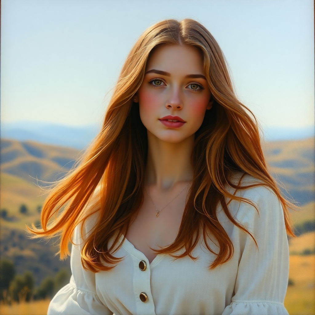 A photorealistic 8K resolution portrait painting of a young woman with long, flowing auburn hair, wearing a simple white dress. The lighting is soft and diffused, creating a gentle, ethereal mood. The color palette is warm and inviting, with rich tones of auburn, cream, and soft gold. The camera angle is slightly elevated, creating an intimate perspective. The woman's expression is serene and thoughtful. The background is a blurred, impressionistic landscape of rolling hills and a clear blue sky. The style is reminiscent of the classical portraiture of John Singer Sargent, with a focus on capturing fine details in the subject's skin and hair. The texture of the canvas should be visible, adding depth and realism to the artwork. The painting exudes elegance and timeless beauty.  The overall mood is calm and peaceful, creating a sense of serenity and tranquility.