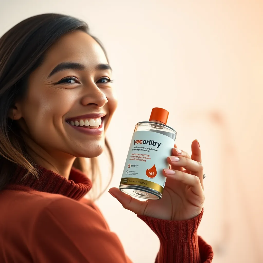 A photorealistic, high-resolution image of a person with a friendly and approachable smile holding a product, showcasing its features and benefits. The background is a clean, well-lit studio space with a minimalist aesthetic. Soft, warm lighting illuminates the scene, highlighting the product's details and textures. The camera angle is slightly elevated, capturing the product from a slightly angled perspective. The image has a vibrant and inviting color palette, with a focus on rich, saturated hues. The composition is balanced and harmonious, drawing the viewer's eye to the product and the person's expression. The image conveys a sense of trust and authenticity, inviting viewers to learn more about the product. Render the image with exceptional detail, capturing the intricate textures of the product and the person's clothing. Use a style reminiscent of high-quality product photography.