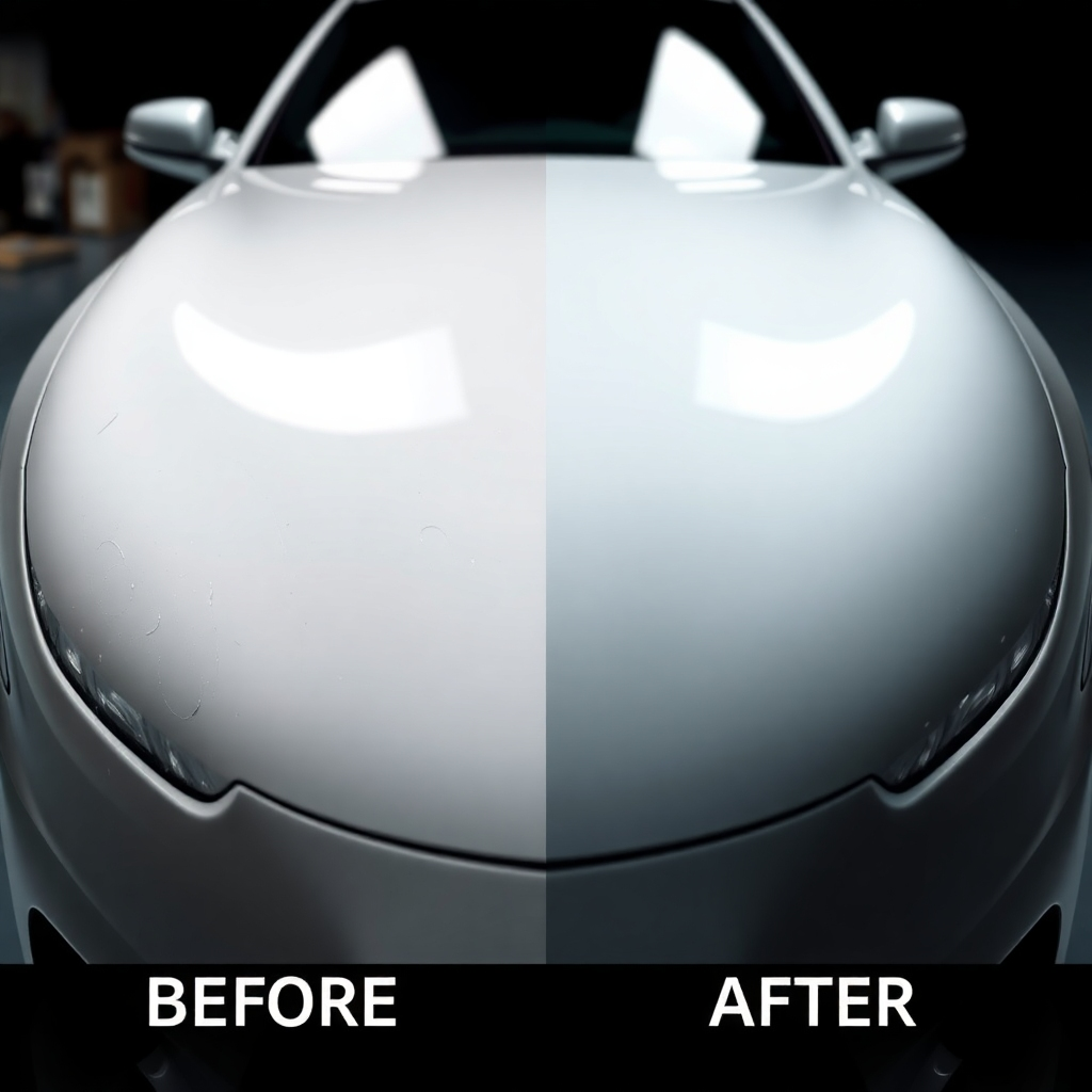 A photorealistic before-and-after split image showcasing paint correction. One side shows a car with noticeable swirl marks and scratches, the other side displays the same car after professional paint correction, with a perfectly smooth and flawless paint finish. The lighting is consistent between both sides, emphasizing the difference.