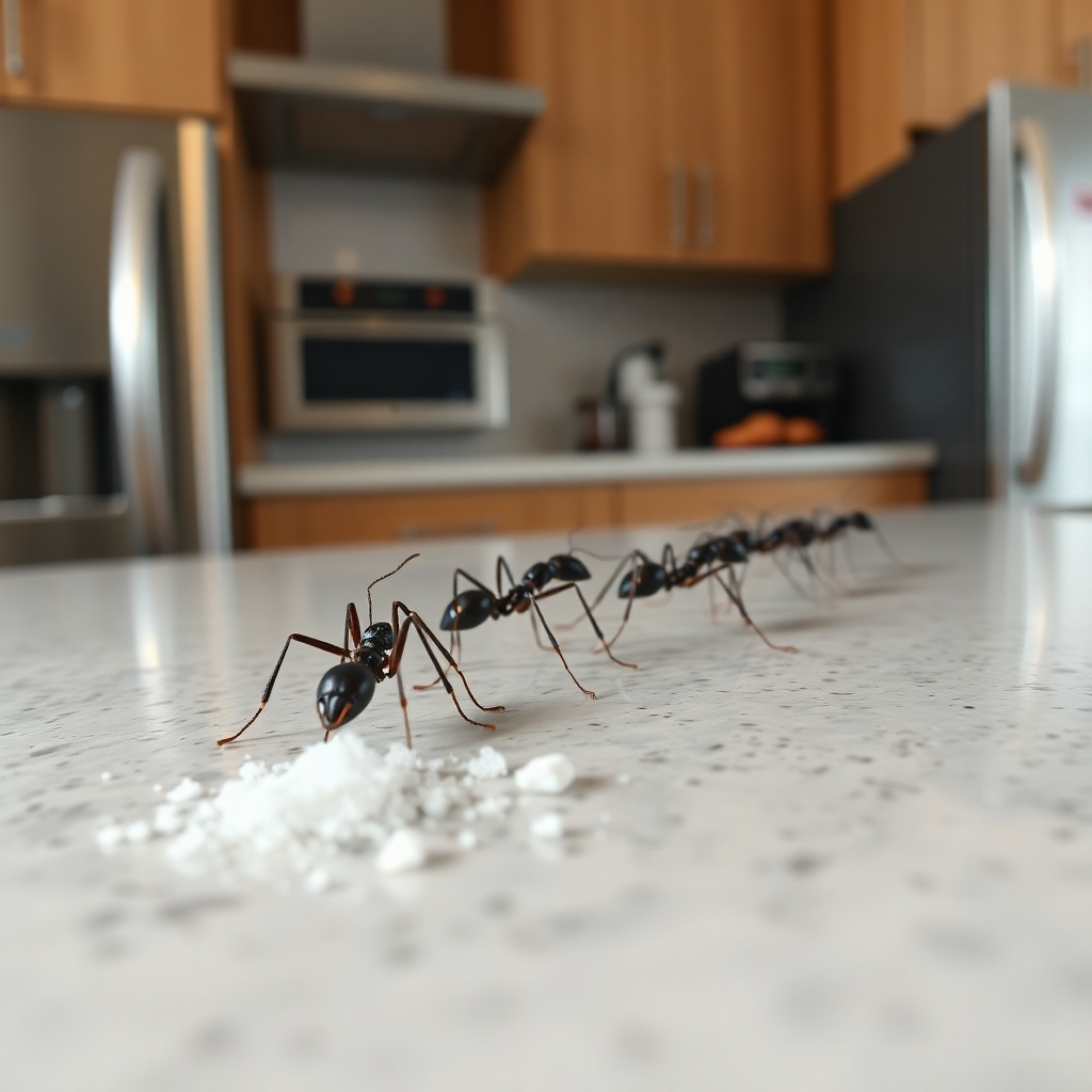 A photorealistic close-up image of a line of black ants marching across a kitchen countertop towards a spilled sugar crumb.  The background should be a blurry but detailed modern kitchen setting with stainless steel appliances.  The image should have sharp focus on the ants, highlighting their tiny legs and antennae.  The lighting should be natural and bright, illuminating the scene clearly. The overall mood should be slightly unsettling but informative, emphasizing the pest problem.