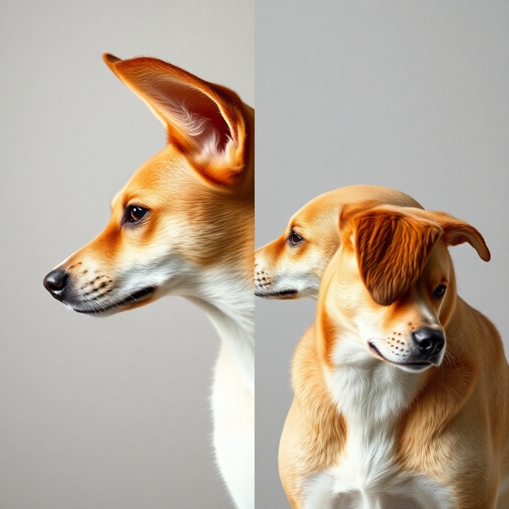 A photorealistic close-up image showcasing a dog's various body language cues.  One part of the image shows a relaxed dog with a wagging tail and soft ears, while another shows a tense dog with flattened ears and a tucked tail.  The background should be neutral and uncluttered, focusing attention on the dog's subtle expressions and postures. Include a caption explaining each posture.