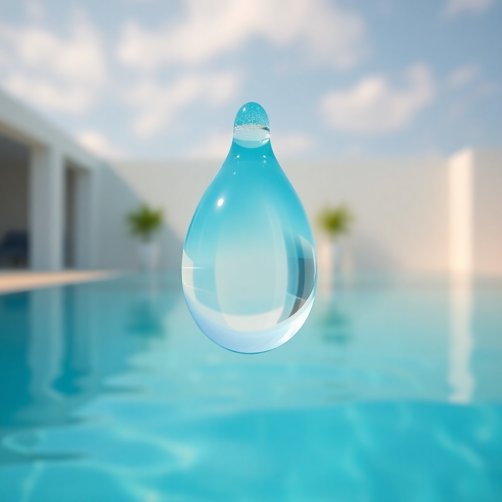 A photorealistic close-up image of a single drop of perfectly clear and clean pool water, showcasing its clarity and purity. The background should be a slightly blurred image of a stunning, clean swimming pool, emphasizing the overall pristine condition.