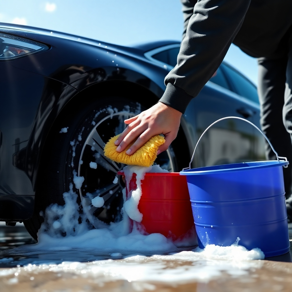 A photorealistic close-up image of a person meticulously washing a car with a wash mitt and two-bucket method, showcasing soapy water and a clean, bright blue sky in the background. The car should be a dark-colored luxury sedan. The focus should be on the person's technique and the cleanliness of the process.