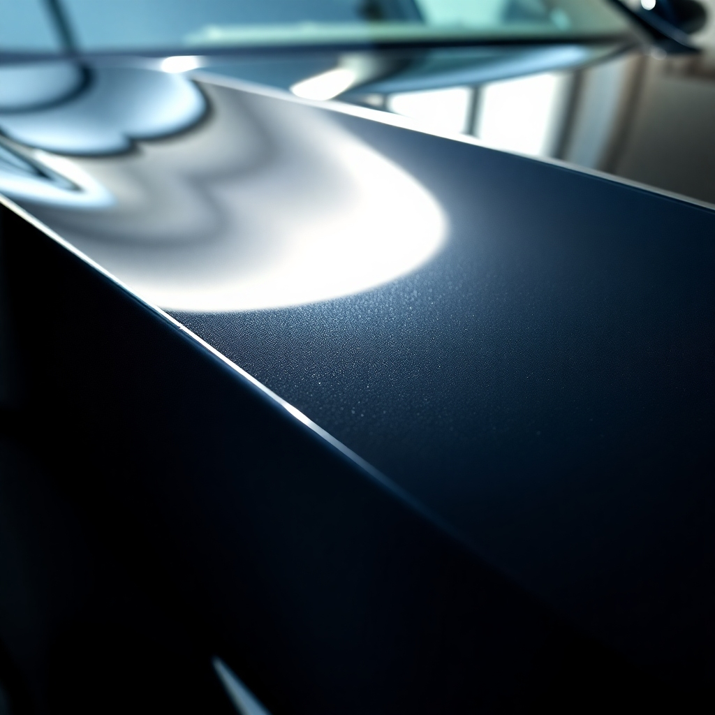 A photorealistic close-up image of a car's gleaming paintwork after professional detailing, showcasing a deep, glossy shine reflecting sunlight.  The car is a dark-colored luxury sedan, with visible water beading on the hood. The background is blurred, emphasizing the car's shine.
