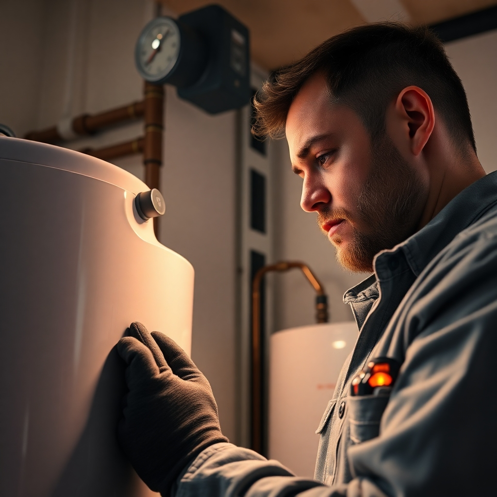 A photorealistic close-up image of a technician meticulously inspecting a residential water heater.  The water heater should be a standard tank-style model, and the technician should be wearing professional attire. Tools relevant to water heater maintenance should be visible. The background should be a clean, well-lit utility room. High detail, 8k resolution, sharp focus.
