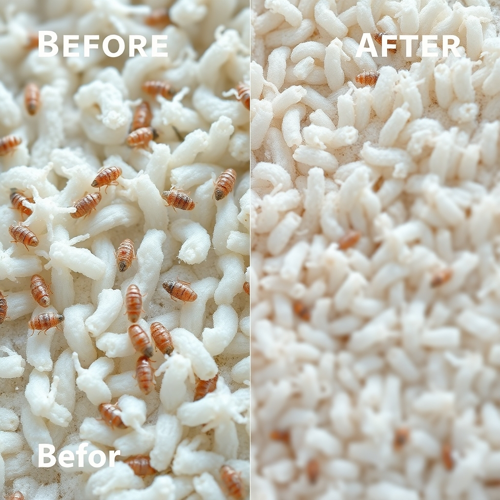 A photorealistic close-up image of a microscopic view of dust mites and allergens on a carpet fiber before and after deep carpet cleaning.  Show the before image with numerous dust mites and allergens clearly visible, contrasted with the after image showing a clean and allergen-free fiber. The image should be sharp, detailed and scientifically accurate, emphasizing the effectiveness of deep cleaning.