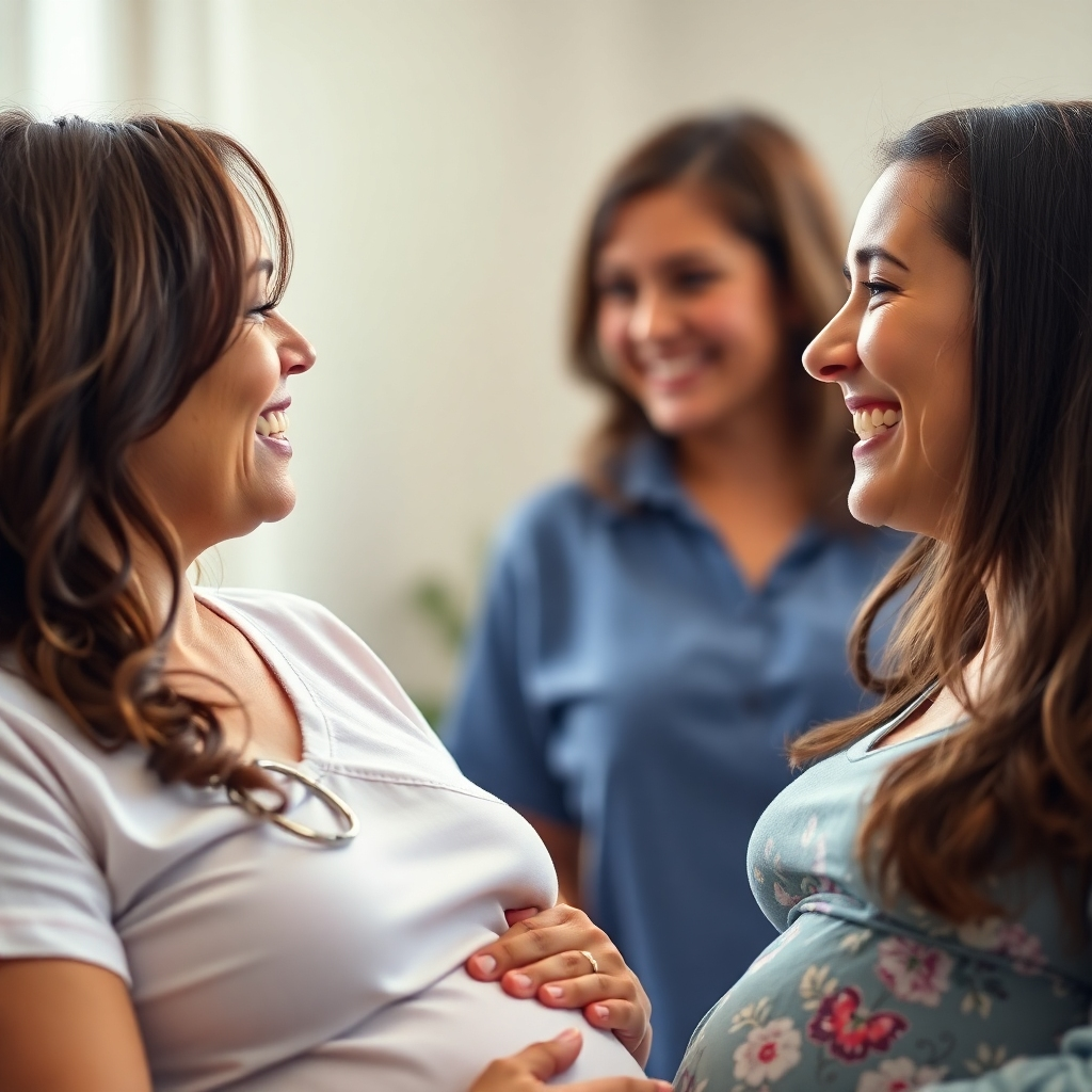 A photorealistic close-up shot of a midwife and expectant mother smiling and engaging in a warm, open conversation. They look relaxed and comfortable with each other. The background is subtly blurred, ensuring the focus remains on the connection between the two women.