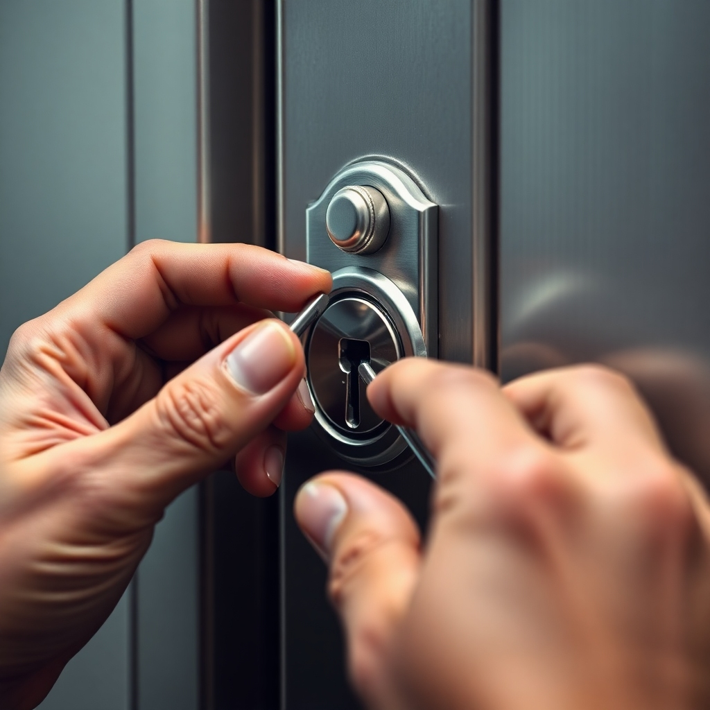A photorealistic close-up shot of a locksmith's hands expertly manipulating lock-picking tools on a high-security door lock. The image should emphasize the precision and skill involved, highlighting the intricate details of the lock mechanism. The background should be softly blurred, maintaining focus on the locksmith's hands and the lock.
