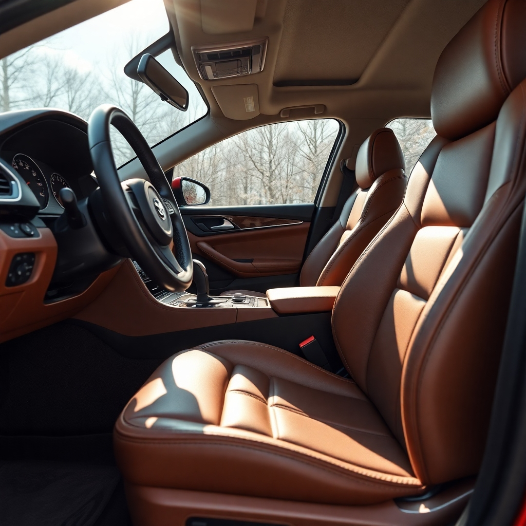 A photorealistic close-up shot of a meticulously detailed car interior. The leather seats are pristine, the dashboard gleams, and the carpets look brand new.  Every detail is spotless; sunlight streams in, illuminating the dust-free surfaces. High resolution, 8k, hyperrealistic, detailed, perfect lighting