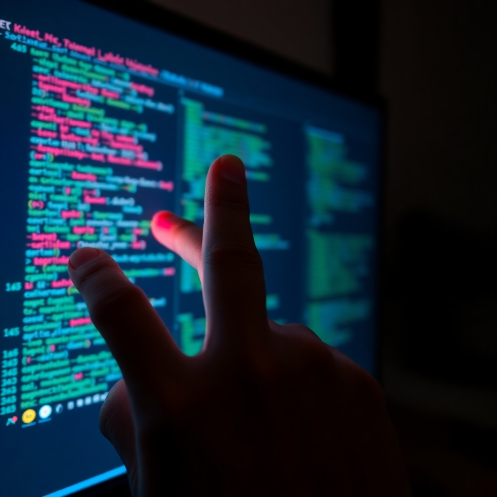A photorealistic close-up shot of a hand interacting with a website element that shows smooth transitions and animations, the website's JavaScript code running seamlessly in the background on a separate monitor.