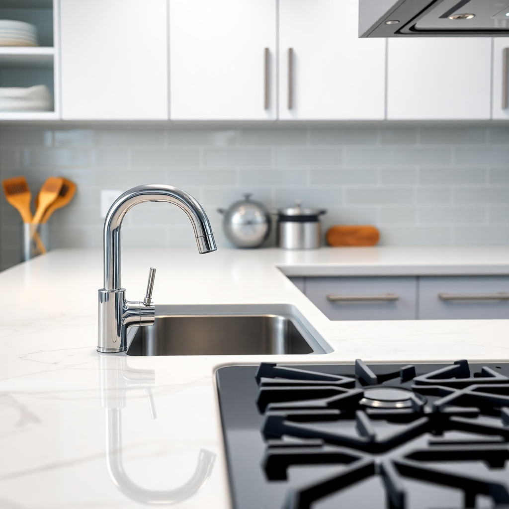 A photorealistic close-up shot of a sparkling clean modern kitchen.  The countertops are spotless, the sink gleams, and all appliances appear new. Notice the subtle details: a gleaming faucet, perfectly organized utensils, and a spotless stovetop. The overall lighting should highlight the cleanliness.