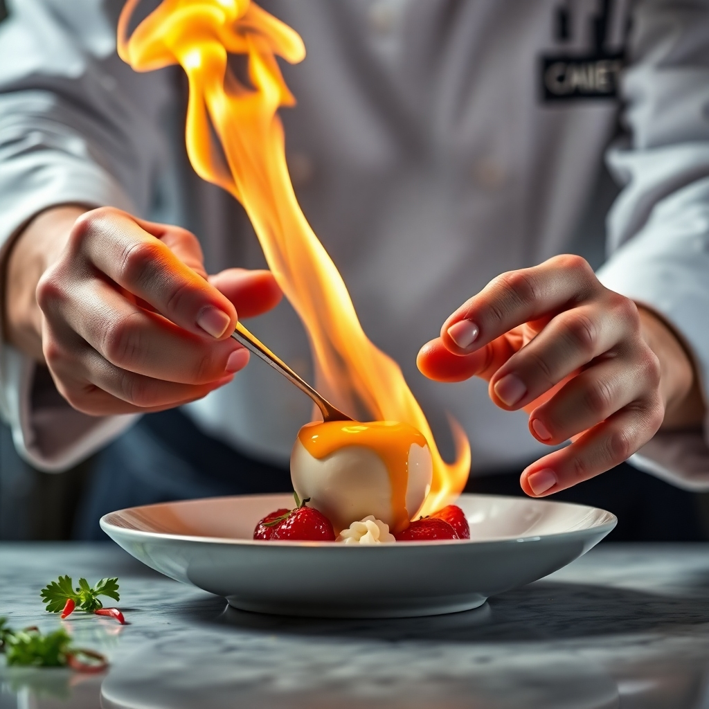 A photorealistic close-up shot showcasing a chef's hands skillfully executing a complex culinary technique, such as flambéing a dessert or delicately plating a dish. The image should emphasize the precision, control, and artistry involved. High-quality ingredients and vibrant colors should be visible. The background should be softly blurred, focusing attention on the hands and the culinary action.