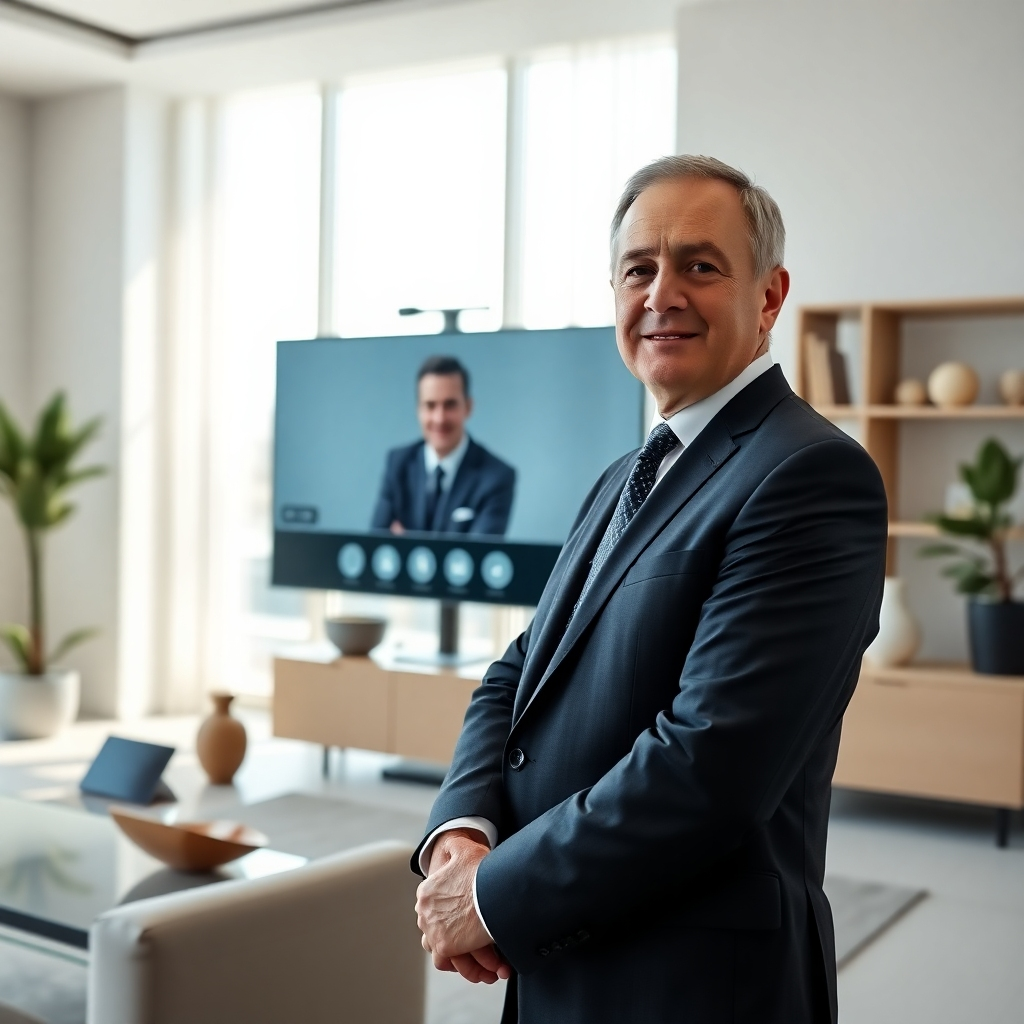A photorealistic, high-resolution image depicting a professional financial consultant in a modern, minimalist office. The scene is lit with soft, natural light from a large window, creating a calm and trust-inspiring atmosphere.  The consultant is middle-aged, well-dressed in a business suit, and is actively engaged in a video conference about cryptocurrency with a client, their image appearing on a large monitor showing sharp details. The consultant’s expression is confident and approachable.  The color palette is muted with earth tones and calming blues.  The background features clean lines, modern furniture, and sophisticated decor. The camera angle is a medium shot, focused on the consultant and the monitor. The overall mood is professional, trustworthy, and reassuring. The style should resemble that of a high-end corporate portrait. The scene should exude a feeling of security and expertise.  The level of detail should be hyperrealistic, showcasing the fine textures of the suit, furniture, and technological devices