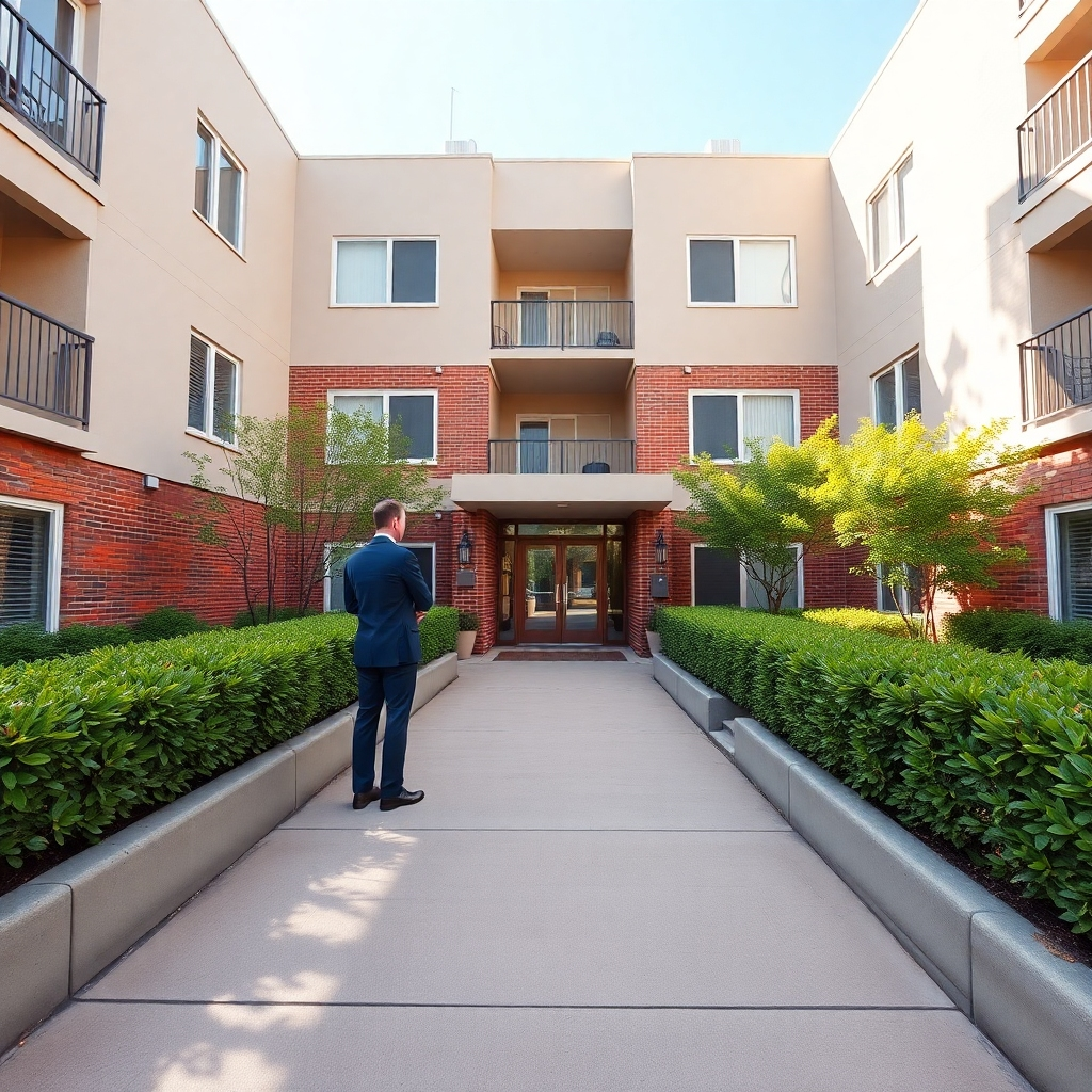 A photorealistic image, 8K resolution, showcasing a meticulously managed apartment building on a bright, sunny day.  The composition features a mid-range shot of the building's exterior, with well-maintained landscaping and a clean, welcoming facade. Bright, even lighting illuminates the scene, creating a cheerful and inviting atmosphere.  The color palette is composed of calming neutrals, including soft beige, warm grays, and accents of vibrant greenery.  The camera angle is eye level, capturing the building's architectural details and the surrounding environment. The textures are highly detailed—the smooth surface of the building's walls, the neatly trimmed hedges, the subtle textures of the brickwork. Environmental elements include a clean and well-maintained walkway, freshly planted flowers, and a clean, inviting entryway.  A property manager in professional attire is subtly shown, interacting with a tenant, highlighting a positive interaction.  The image is inspired by the clean and professional style of architectural photographer Iwan Baan, focusing on architectural details. The overall mood is organized, efficient, and reassuring.