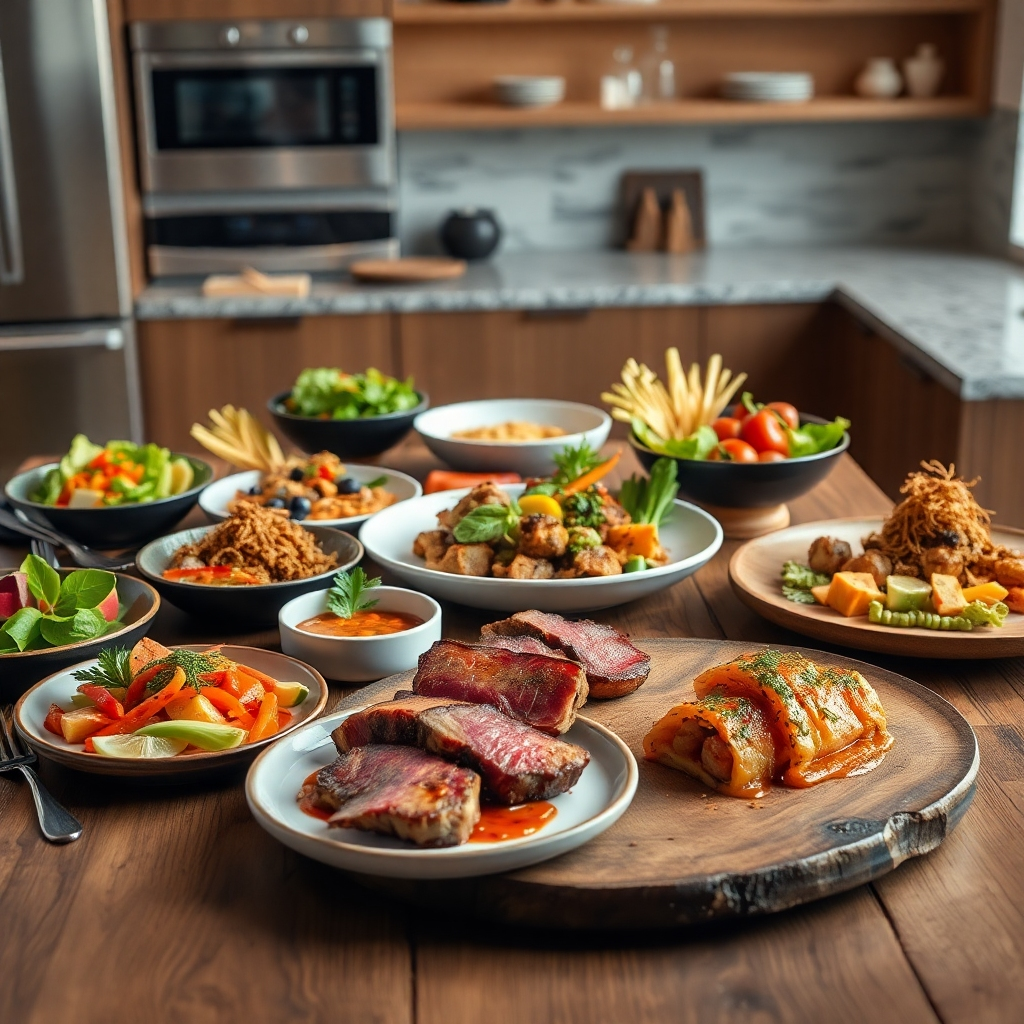 A photorealistic image, 8K resolution, hyperrealistic detail, soft diffused lighting, warm color palette, shot from a high angle, showing a meticulously arranged spread of gourmet meals on a rustic wooden table. The food includes vibrant vegetables, succulent meats, and elegant plating.  Include various textures; glossy sauces, crispy vegetables, soft textures. The background features a minimalist modern kitchen with stainless steel appliances and a granite countertop, slightly blurred for focus on the food.  The mood is elegant and inviting, in the style of a high-end food magazine photoshoot.  Show detailed close-ups on individual dishes, highlighting the artistry and precision of the meal preparation.  Include fine cutlery and tableware.  The image evokes feelings of luxury, health, and deliciousness. The scene is meticulously detailed; each food item is rendered with perfect clarity, revealing its texture, color, and form. The overall composition balances warmth and sophistication, highlighting the chef's culinary expertise and artistic flair.