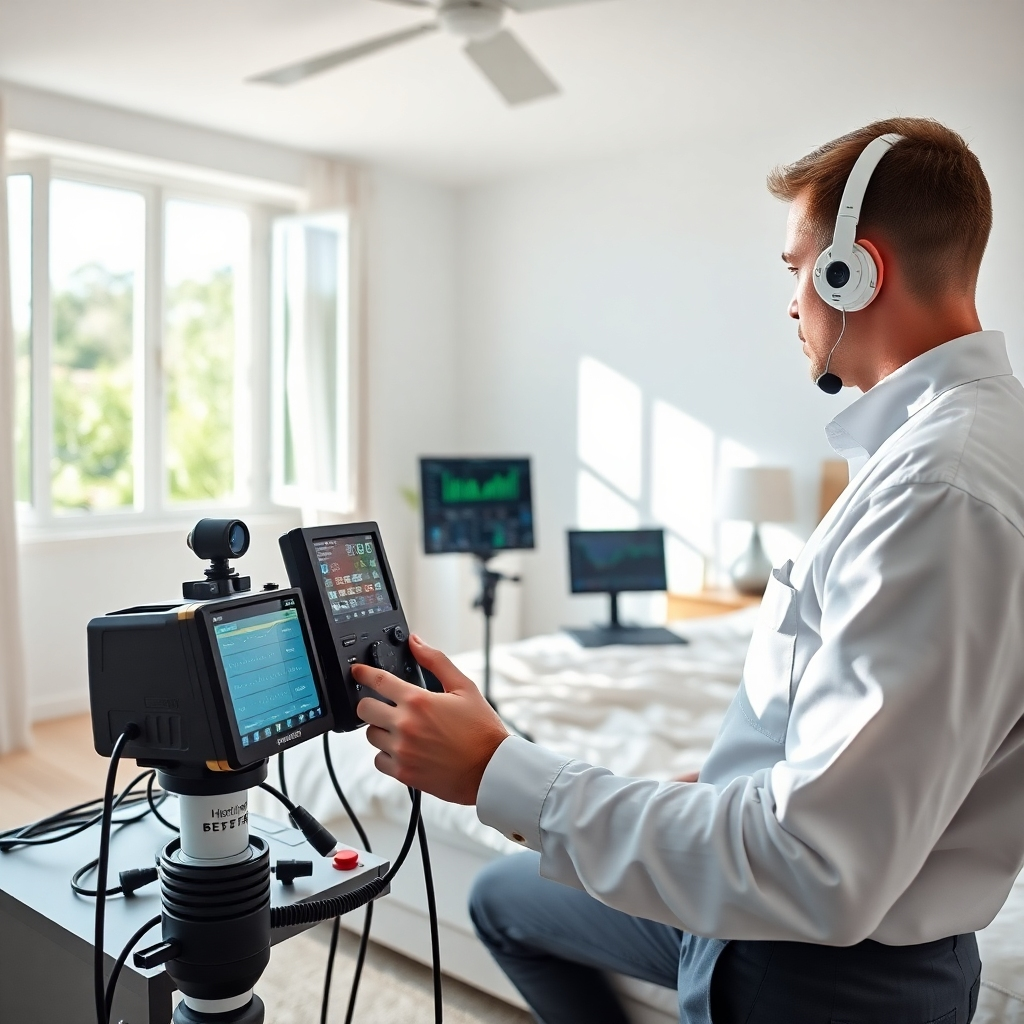 A photorealistic image, 8K resolution, of an HVAC technician conducting a comprehensive indoor air quality assessment. The image should show a technician using professional-grade equipment like sensors and monitors inside a modern home, specifically a bright, airy bedroom. The lighting is bright and natural, possibly soft morning sun. The color palette should be clean and fresh. The technician is professionally dressed, emphasizing cleanliness. The camera angle is a slightly elevated medium shot, showing the technician working meticulously. The image should be highly detailed, focusing on the equipment used, data readings shown on screens, and the environment being assessed. Textures should be highly realistic—the technician's clothing, instruments, and surfaces in the room. The environment includes minimal clutter. Background details might show an open window with greenery or a clean, modern interior design. The scene should evoke a feeling of trust and professionalism, representing a thorough, data-driven approach to indoor air quality evaluation. The image style should be similar to a contemporary scientific or medical journal photography. It should be hyperrealistic and ultra-detailed.