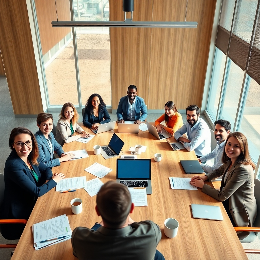 A photorealistic image, 8K resolution, hyperrealistic, ultra-detailed, depicting a diverse team of business consultants gathered around a large conference table in a modern, sunlit office. The table is strewn with documents, laptops, and coffee cups. Soft diffused lighting enhances the scene's professional and collaborative atmosphere. The color palette is warm and inviting, with natural wood tones, metallic accents, and pops of teal and orange. The camera angle is a high-angle shot, capturing the entire table and the team's engaged expressions. Texture and material details should be meticulously rendered, showcasing the fine grain of the wood, the smooth surface of the laptops, and the subtle texture of the clothing. The background is a minimalist, modern office space with large windows, allowing natural light to flood the room.  The overall mood should be one of calm confidence and focused collaboration. The style should emulate the clean, bright aesthetic of contemporary commercial photography, reminiscent of the work of Annie Leibovitz, focusing on the individual faces of each person to show personality and engagement with the project.  The scene should evoke a sense of progress and forward-thinking strategies. The image should have a cinematic quality with a shallow depth of field to highlight the team at the center of the frame.