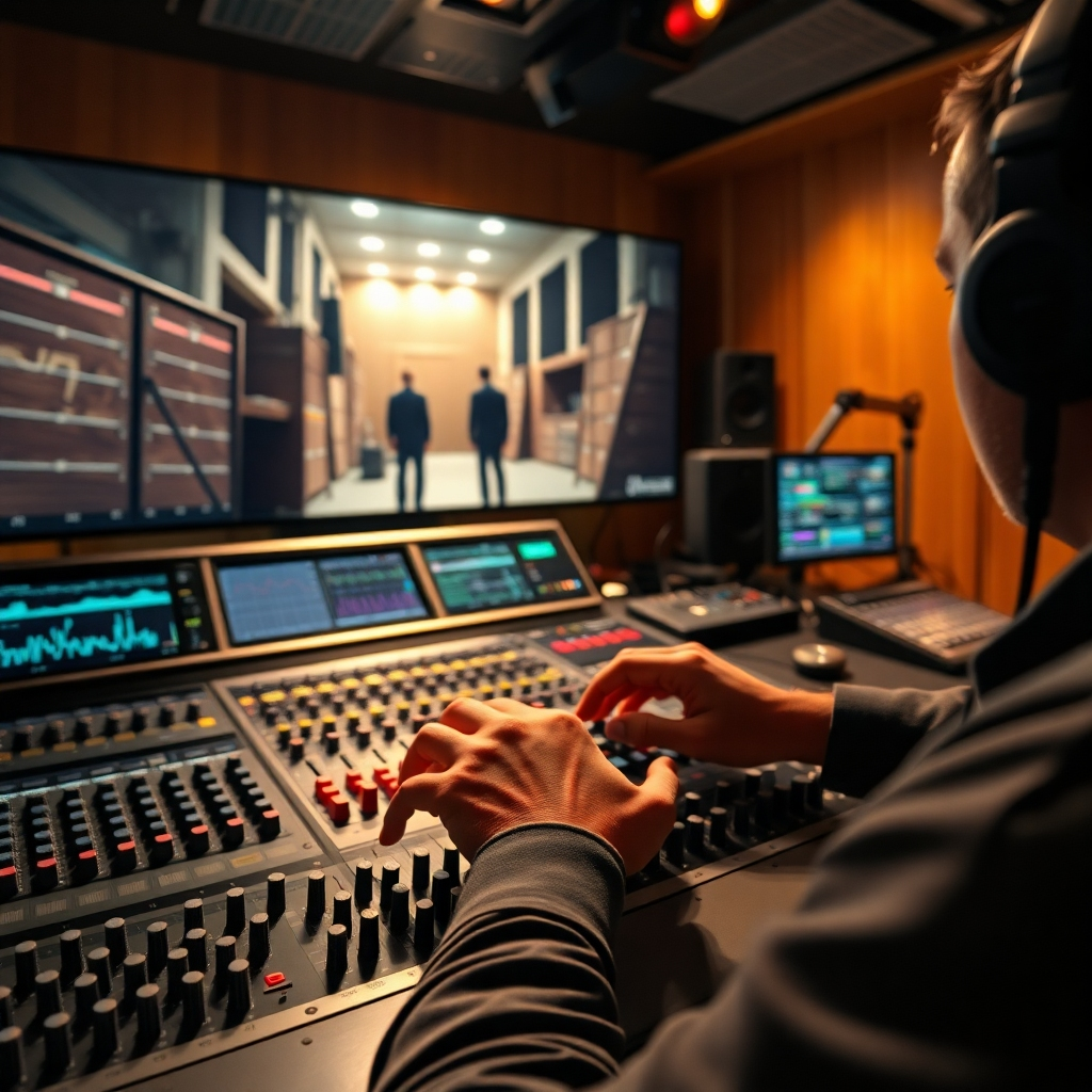 A photorealistic image (8K resolution) showing a sound engineer in a professional recording studio, meticulously working on audio mixing for an intense action-thriller scene. The scene shows a close-up of the engineer's hands precisely manipulating knobs and sliders on a large mixing console, surrounded by multiple screens displaying waveforms and sound spectrums. The main screen displays a dramatic scene from the film, showing a tense standoff between two characters in a dimly lit warehouse. The lighting is warm and focused, with soft spotlights illuminating the mixing console and the engineer's hands, while the background is slightly darker, creating a focused atmosphere. The color palette is warm and subdued, with earthy tones and deep shadows. The camera angle is a close-up, focused on the hands and the mixing console, with the film scene displayed on a large screen in the background.  Textures are highly detailed: the smooth, metallic surfaces of the mixing console, the subtle grain of the wooden control room walls, and the fine details of the headphones. The background details include professional audio equipment: microphones, speakers, signal processors, creating an environment of meticulous work and technical precision. The style is reminiscent of stills from behind-the-scenes footage of major film productions, creating a mood of professionalism and technical expertise.  The image should be hyperrealistic, emphasizing the intricate details and the technical skill involved in sound design and mixing.