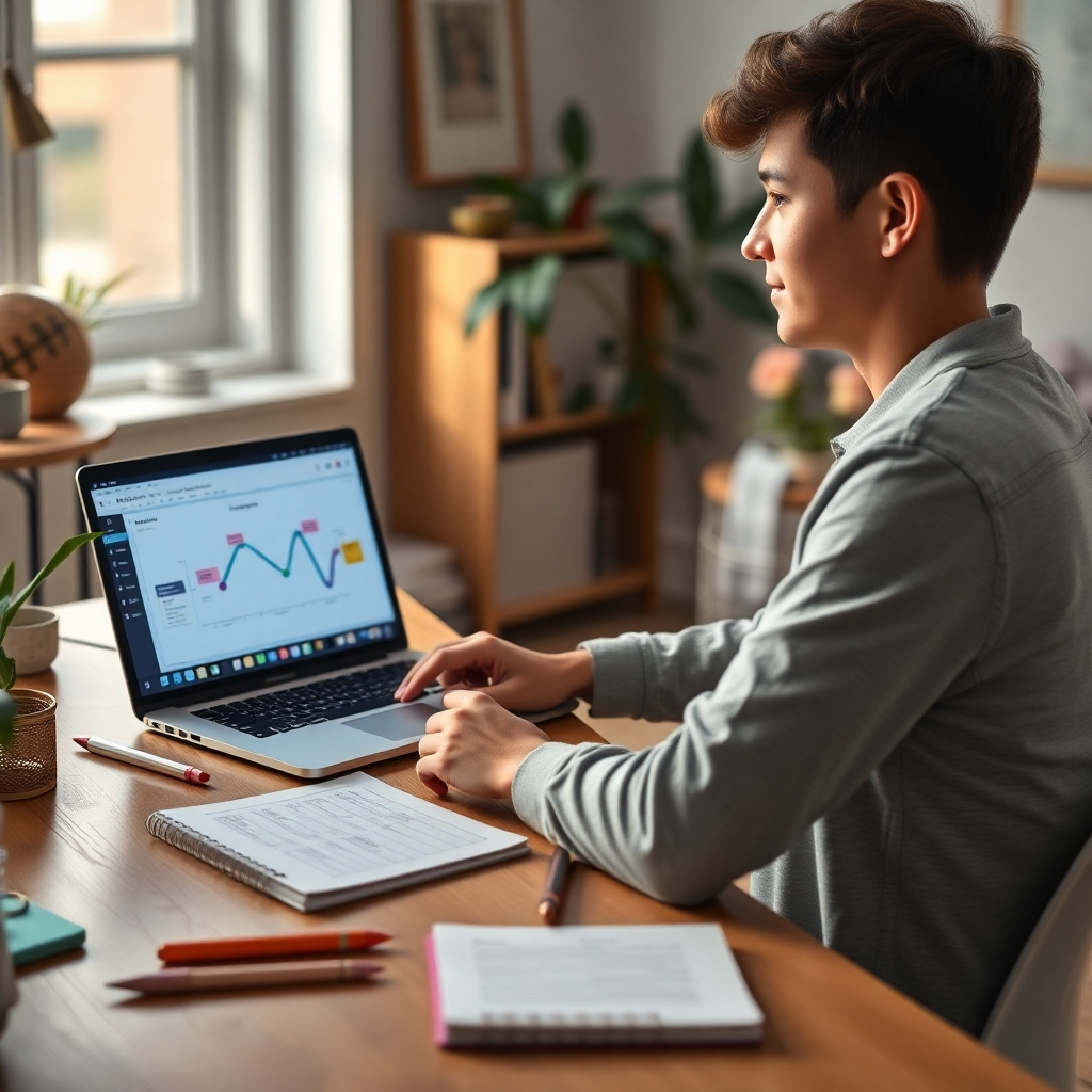 A photorealistic image, 8K resolution, soft, diffused lighting, depicting a young adult sitting at a beautifully-designed desk in a home office. The mood is optimistic and inspired.  The color palette is light and airy, with pops of vibrant colors to represent career opportunities. The main focus is on the person's thoughtfully organized planner, a laptop displaying a career path visualization, and a mind-map with their aspirations. The camera angle is from a slightly elevated perspective, looking down at the scene. The image should depict textures such as the smoothness of the laptop screen, the grain of the wood desk, and the texture of the notebook pages. Background elements subtly suggest a home setting, with plants and natural light to create a calm and positive environment. Props include inspirational quotes, sticky notes with career goals, and various stationery items. The style references the work of Gregory Crewdson in terms of atmosphere and setting, while maintaining a sharp focus and detail level comparable to contemporary product photography. The image must communicate clarity, focus and future success.