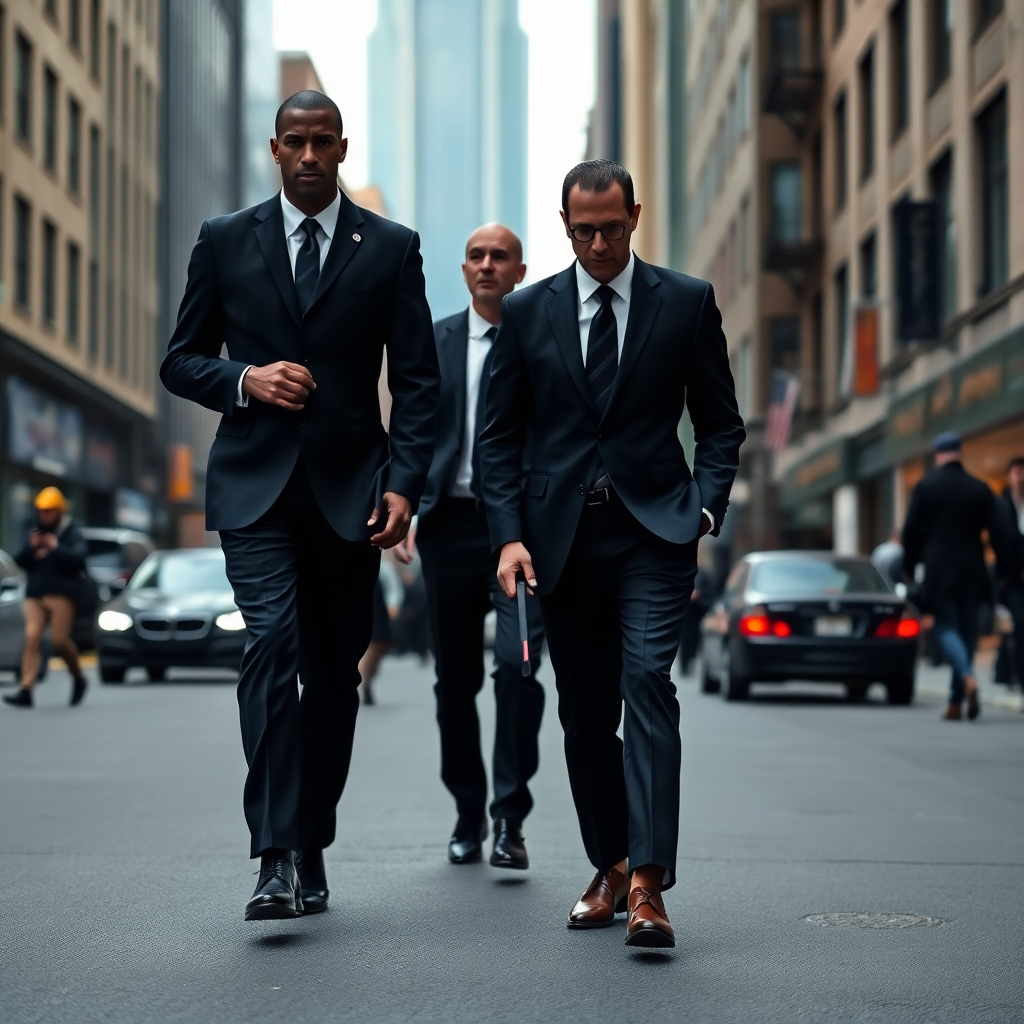 A photorealistic image, 8K resolution, showing two professional security personnel in dark, well-tailored suits discreetly observing a high-profile individual walking through a busy city street.  Soft, diffused daylight creates a natural, unobtrusive lighting scheme. The color palette is muted and realistic, focused on natural tones and the subtle shades of the suits and the city backdrop. The camera angle is a long shot, providing a sense of the surroundings but focusing on the discreet protection team. Textures are important: the fine weave of the suits, the polished leather of their shoes, the textured surfaces of the city buildings. The background is a busy city street with various people and vehicles, but the focus remains on the subject and his protectors. The mood should be calm and confident, conveying professionalism and the impression of security without ostentation. Style references:  The photography should evoke a sense of documentary realism and discreet protection, similar to the style found in films about espionage and international security.  The image must be hyperrealistic and ultra-detailed.