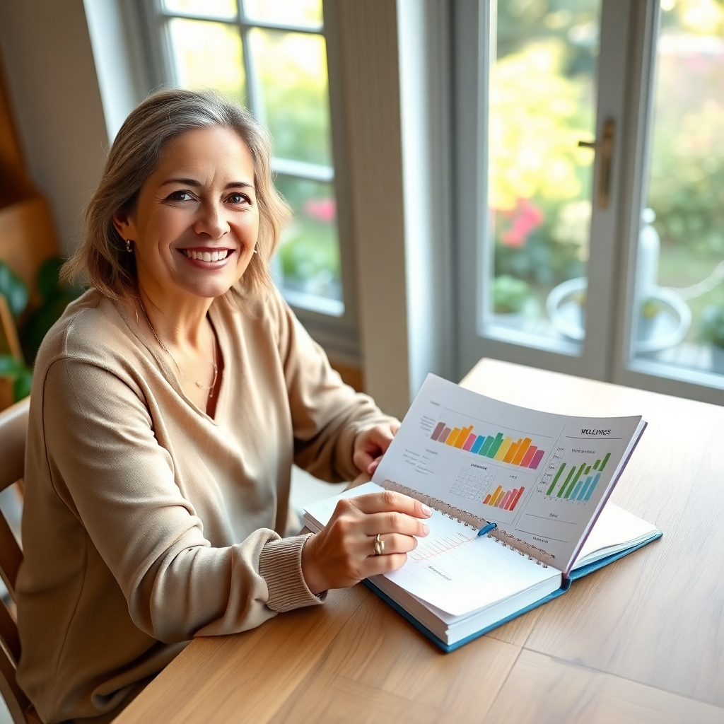 A photorealistic image, 8K resolution, hyperrealistic detail, in the style of Annie Leibovitz.  The image depicts a smiling, mid-adult woman sitting at a light oak table in a sun-drenched room, overlooking a serene garden.  Soft, diffused lighting illuminates the scene.  She holds a beautifully designed wellness plan notebook with handwritten notes and colorful charts, showcasing personalized goals.  The color palette is warm and inviting, with earth tones and soft greens.  The camera angle is slightly high, creating an intimate but respectful view.  The woman is dressed in comfortable, natural-fiber clothing.  Textures are highly detailed: the soft fabric of her clothing, the smooth surface of the table, the subtly rough texture of the notebook paper.  The background is gently blurred, drawing focus to the woman and the notebook.  A calming atmosphere is created, emphasizing tranquility and wellness.  The scene evokes a sense of peace, optimism and personal growth.  The overall mood is positive, encouraging and inspiring.