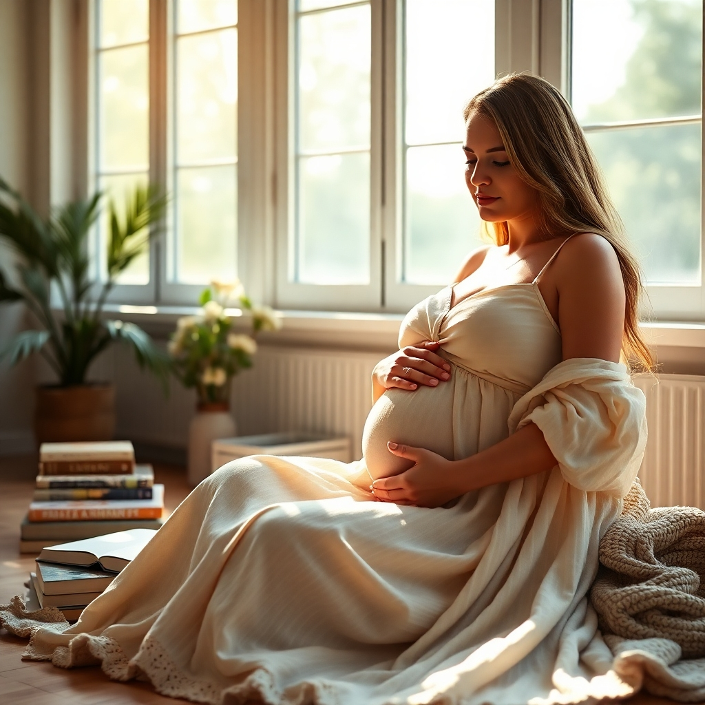 A photorealistic image, 8K resolution, hyperrealistic detail, in the style of Annie Leibovitz.  The image depicts a serene pregnant woman, around 32 weeks, sitting in a sun-drenched room with large windows. Soft, diffused natural light illuminates her from the side, casting a warm glow on her skin. Her expression is peaceful and content. She's wearing a flowing, light-colored maternity dress with soft, natural textures. Her hands gently rest on her baby bump, and she's surrounded by comforting elements such as a knitted blanket, a few books on pregnancy and motherhood, and a vase of fresh flowers. The background includes tasteful natural elements, such as plants or a subtle wood floor. The overall color palette is warm and inviting, focusing on earth tones and soft pastels. The camera angle is slightly elevated, providing a flattering and intimate perspective. The image conveys a mood of calm, trust, and anticipation.  The focus is on creating a feeling of warmth and comfort, emphasizing the beauty and wonder of pregnancy.  The composition should be balanced, with intentional emphasis on the subject.  Focus should be razor sharp, with realistic skin texture and detail, capturing the softness of the clothing and subtle lighting effects.