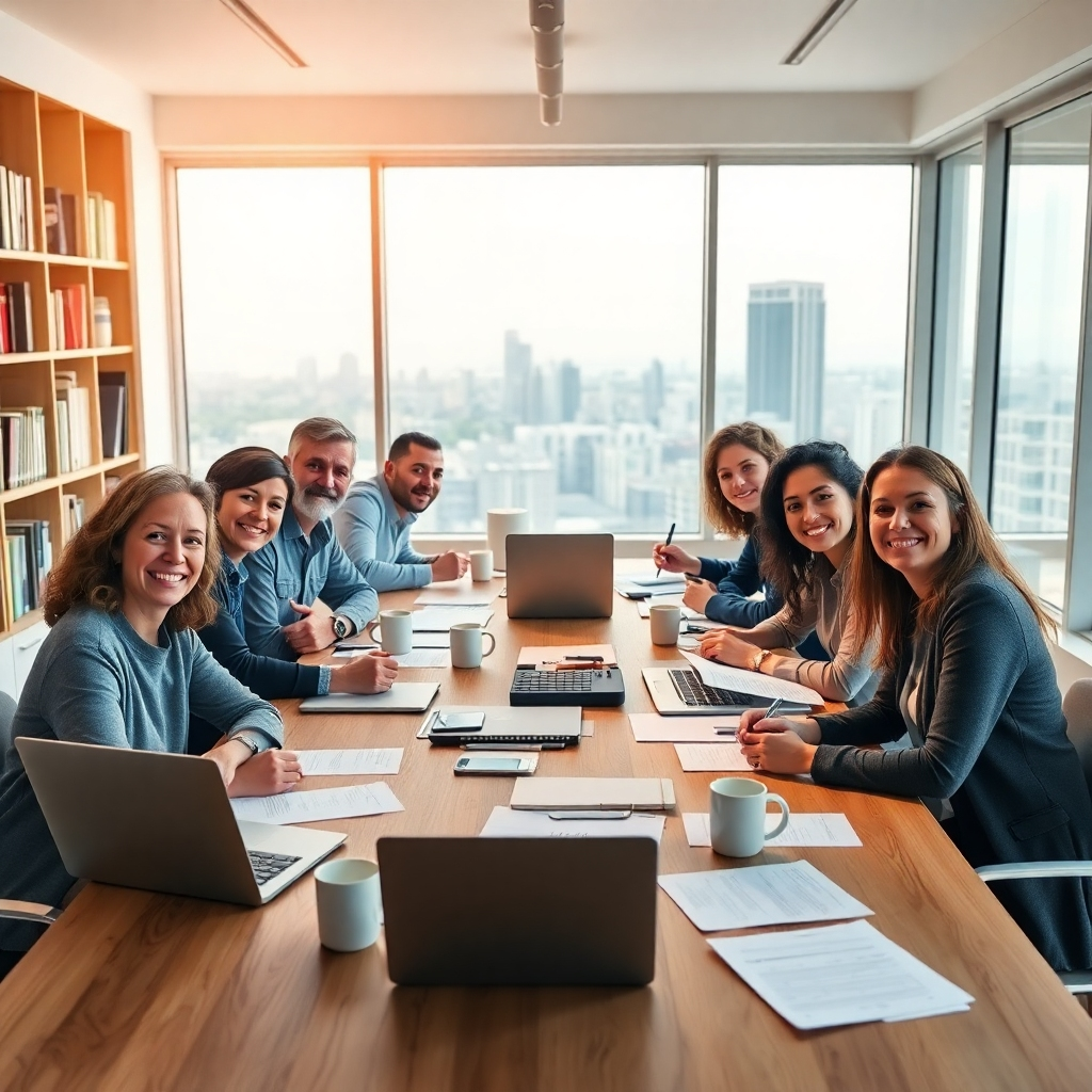 A photorealistic image, 8K resolution, hyperrealistic detail, in the style of Steve McCurry.  Depict a diverse group of professionals,  smiling and collaborating around a large table in a bright, modern office, bathed in soft diffused lighting.  The table is cluttered with papers, laptops, and steaming mugs, conveying a sense of productive activity. Warm, inviting color palette, emphasizing natural light. Focus on the expressions of focused determination and teamwork.  The camera angle is slightly elevated, offering a dynamic perspective on the scene.  Textures should be highly detailed, showcasing the wood grain of the table and the texture of the fabrics. Background elements include bookshelves filled with grant-related resources. The overall mood is optimistic and confident, reflective of a successful collaboration.  Materials include smooth wood of the table, soft cotton of the clothing, and the crisp paper of the documents. Environmental elements: a large window with city skyline in the background.