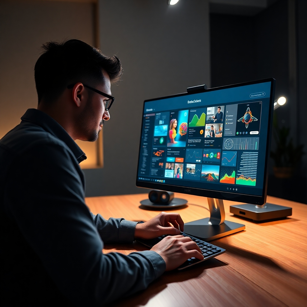 A photorealistic image, 8K resolution, hyperrealistic rendering.  The scene depicts a sleek, modern office space with a designer meticulously working on a high-resolution monitor. The lighting is dramatic and focused, with a key light highlighting the monitor screen and subtly illuminating the designer's face, creating a professional and focused mood. The color palette is rich and vibrant, showcasing the sharp, colorful UI elements on the screen. The camera angle is over-the-shoulder, focusing on the monitor's display showcasing a highly detailed UI of a software application.  The monitor showcases sophisticated UI elements with detailed graphics and micro-interactions, demonstrating pixel-perfect precision.  The surrounding environment is clean and minimalist, with only essential design elements and modern technology present.  Materials should be highly detailed, showcasing the glossy reflections on the monitor, the texture of the keyboard, and subtle grain of the wood desk. The style should evoke the feeling of clean, polished technological product photography, similar to that of high-end software companies.  The overall mood is sophisticated, modern, and highly professional.