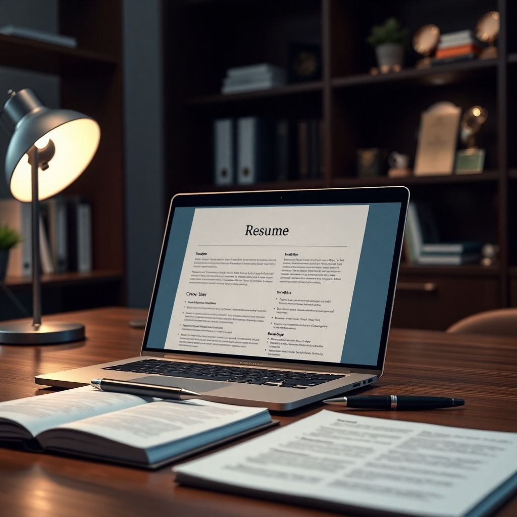A photorealistic image, 8K resolution, hyperrealistic detail, depicting a well-lit, modern office desk.  Soft diffused lighting enhances a warm, inviting mood. The main focus is on a laptop screen displaying a beautifully crafted resume and cover letter, showcasing clean typography and strong visuals.  A stylish pen rests beside the laptop, with a partially visible notebook with insightful notes. The color palette is sophisticated and calming, with muted blues, greens, and beige tones. The camera angle is a slightly high-angle shot, looking down onto the desk. Textures include the smooth glass of the laptop screen, the fine paper texture of the documents, and the grain of the wooden desk. Background elements subtly include bookshelves with professional development books and awards, suggesting a successful career path. The overall style is reminiscent of Annie Leibovitz's portraiture, but applied to a still life setting, with a sharp focus and shallow depth of field.  The image should evoke feelings of confidence and success. The image should feel luxurious and high end.