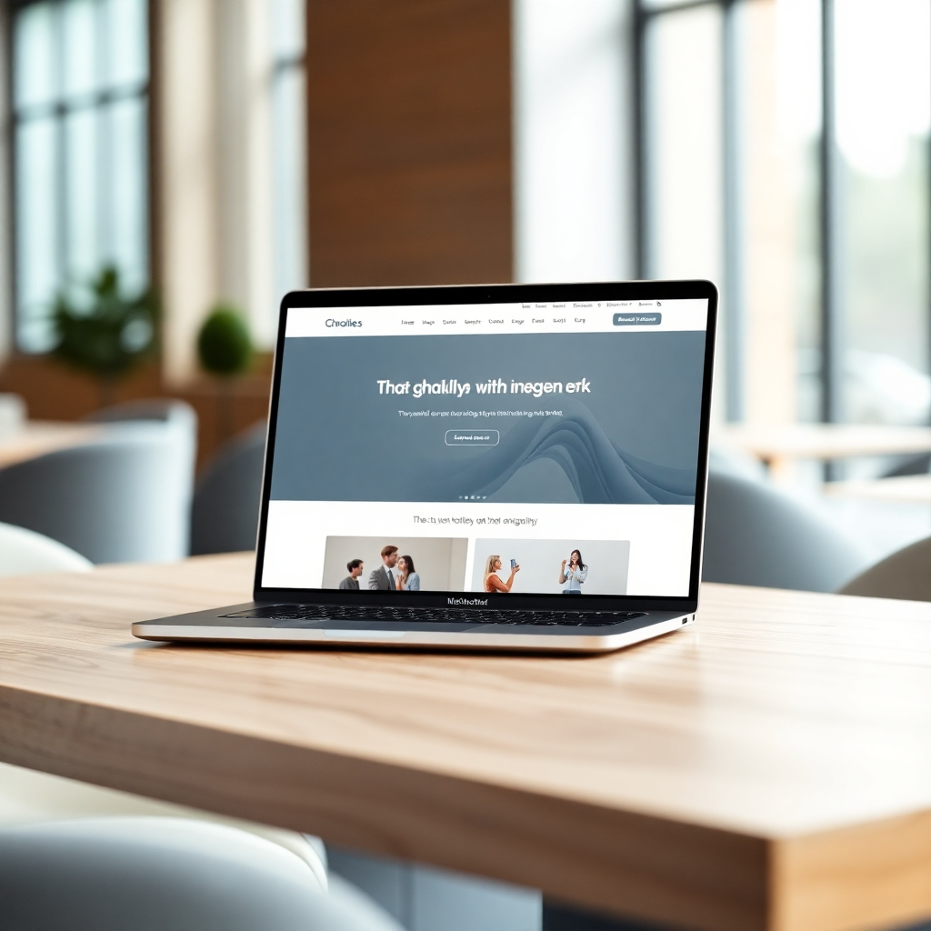 A photorealistic image, 8K resolution, hyperrealistic detail, soft diffused lighting, depicting a modern, responsive website design on a sleek MacBook Pro.  The website showcases a clean, minimalist design with high-quality images and intuitive navigation.  The color palette is a sophisticated blend of muted blues, grays, and whites, creating a calm and professional mood.  The MacBook is positioned at a slight angle on a light oak table, against a blurred background of a modern office space with natural light streaming through large windows.  The scene is captured from a slightly elevated angle, emphasizing the website's clean design.  Textures include the smooth aluminum of the MacBook, the fine grain of the wood table, and the soft fabric of the surrounding environment. Include subtle reflections on the screen, showcasing the website's interactive elements.  Style reference: Annie Leibovitz's portrait photography style for the overall composition and lighting. The overall mood should feel professional, innovative, and trustworthy.