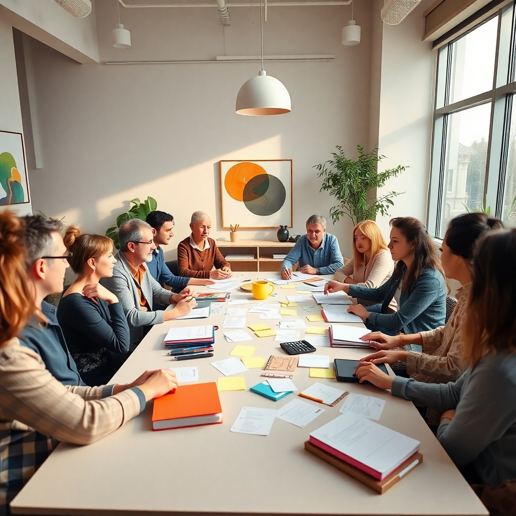 A photorealistic image, 8K resolution, depicting a brainstorming session in a bright, modern conference room. Soft, natural light streams through large windows, creating a warm and inviting atmosphere. The color palette is earthy and calming, with muted greens, browns, and creams.  The camera angle is slightly elevated, capturing the energy of the collaborative discussion. The scene includes a diverse group of people engaged in lively conversation around a large table strewn with notebooks, sticky notes, and marketing materials. Textures are highly detailed, showcasing the smooth surfaces of the table and the textured fabrics of the clothing. Environmental elements include modern artwork, stylish furniture, and vibrant plants. The mood is creative, collaborative, and inspiring. The style is reminiscent of a high-end corporate photoshoot, emphasizing creativity and innovation. The image needs to be hyperrealistic and extremely detailed, showcasing the texture of the paper, the expressions on the faces of the participants and the depth of the room. The image must capture the essence of a successful brainstorming session, evoking feelings of collaboration and innovative thinking.