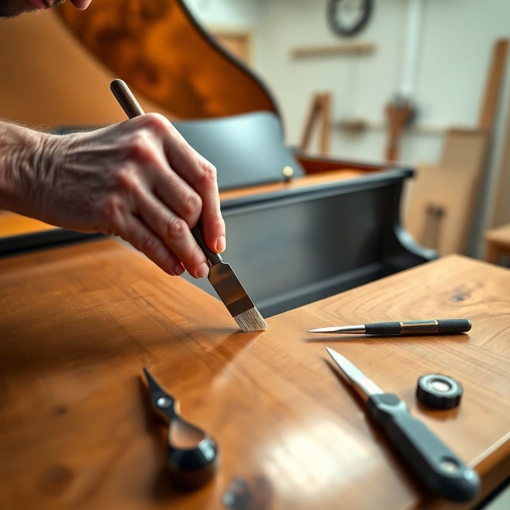 A photorealistic image (8K resolution), hyperrealistic in style, showing a piano technician delicately applying a thin coat of finish to the soundboard of a grand piano. The lighting should be soft and diffused, avoiding harsh shadows. The color palette should be warm and inviting, with focus on the rich tones of the wood and the subtle gloss of the new finish. The camera angle should be a slightly high angle, focusing on the meticulous process of application. The texture of the aged and repaired wood is crucial; its variations and subtle imperfections should be clearly visible.  The environment should be a clean, well-lit workshop with a selection of specialized tools for soundboard repair laid out neatly on a workbench. The background is blurred, but shows a classic piano in the room, adding context to the scene. The image should be styled in the tradition of macro photography, allowing the viewer to see fine details and texture. The overall feeling is one of painstaking restoration, highlighting both the aged beauty and the renewed vibrancy of the instrument. The image should evoke a sense of care, expertise, and the beautiful craftsmanship of piano construction.