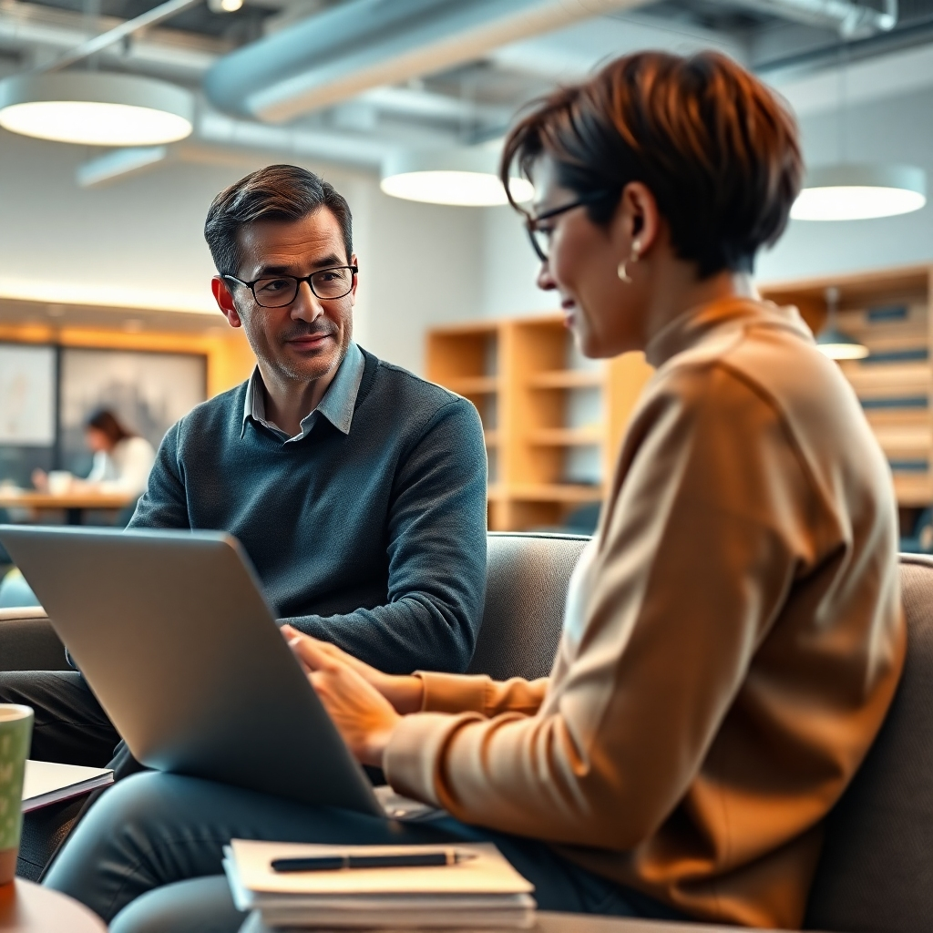 A photorealistic image, 8K resolution, hyperrealistic detail.  The scene depicts a UX researcher conducting a user interview in a modern, brightly lit co-working space. Soft diffused lighting illuminates the scene, casting a warm, inviting mood. The color palette is muted and calming, with natural wood tones, soft greys, and pops of teal. The camera angle is slightly elevated, providing a comfortable perspective. The researcher and participant are captured from the waist up; the researcher is actively listening, maintaining eye contact. The participant is seated comfortably, using a sleek laptop. The background subtly features other collaborative workspaces, suggesting a bustling but calm environment. The materials are realistic: smooth laptop surfaces, soft fabrics of furniture, natural wood textures. Props include a notebook, a pen, and a coffee cup.  Style reference: Annie Leibovitz's portrait style, aiming for an intimate and professional feel. The overall mood is collaborative and professional, emphasizing trust and open communication.