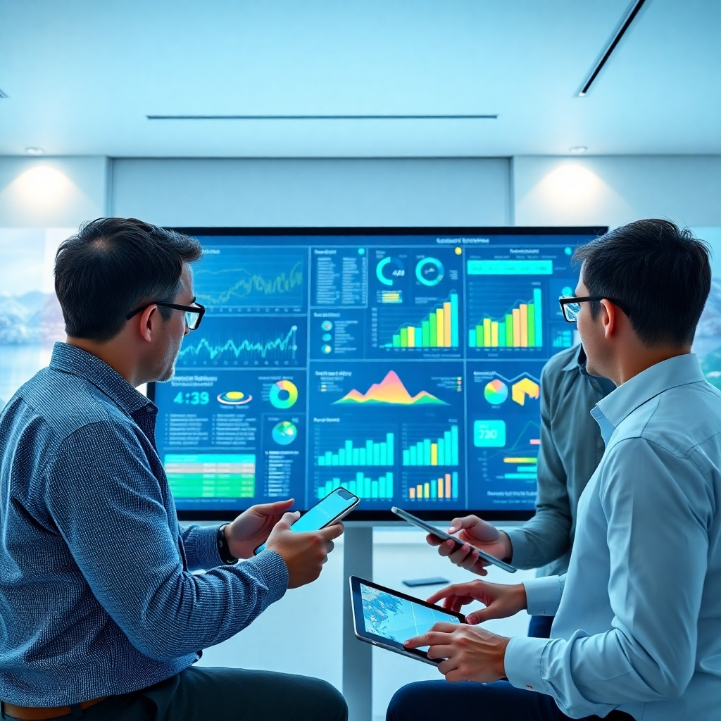 A photorealistic image, 8K resolution, hyperrealistic, ultra-detailed, depicting a team of market researchers analyzing data on a large interactive screen in a bright, modern office space. Soft, even lighting prevents harsh shadows, emphasizing the details. The color palette is composed of cool blues and greens, creating a sense of calm focus and technological precision. The camera angle is slightly elevated, offering a dynamic perspective on the team's interaction with the data. The textures should be clearly defined, the smooth screen glass contrasting with the slightly rough texture of the analysts' clothing. The background includes abstract data visualizations projected onto the walls. The environmental elements include the clean lines of minimalist furniture. Relevant props include laptops, tablets, and colorful charts reflecting market trends and consumer insights. Stylistically, it should be similar to the sleek and technical aesthetic of a science fiction film, paying homage to the minimalist designs of Ridley Scott and the use of bright lights and colors to convey technological advancement. The image should convey a strong sense of innovation, precision, and insightful analysis.