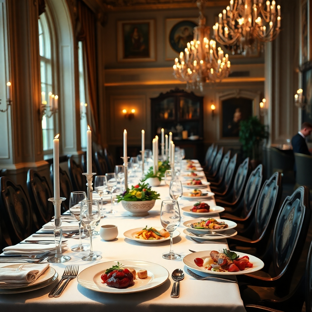 A photorealistic image, 8K resolution, dramatic side lighting, rich color palette, shot from a slightly low angle, showcasing an extravagant dining table set for a formal dinner. The table is elegantly set with fine china, silverware, crystal glasses, and sophisticated table settings. The food is presented in an artfully composed manner with exquisite details in the plating. The background is a luxurious dining room with ornate decor, high ceilings, and soft ambient lighting. The focus should be on the gourmet meal, highlighting texture and color of each dish. The mood is luxurious and sophisticated, resembling fine-dining restaurant ambiance.  Include candles for a romantic feel. The image should showcase elegance and refinement, capturing the beauty and sophistication of private chef catering, in the style of a high-end culinary photography. Show a sense of occasion and celebration.