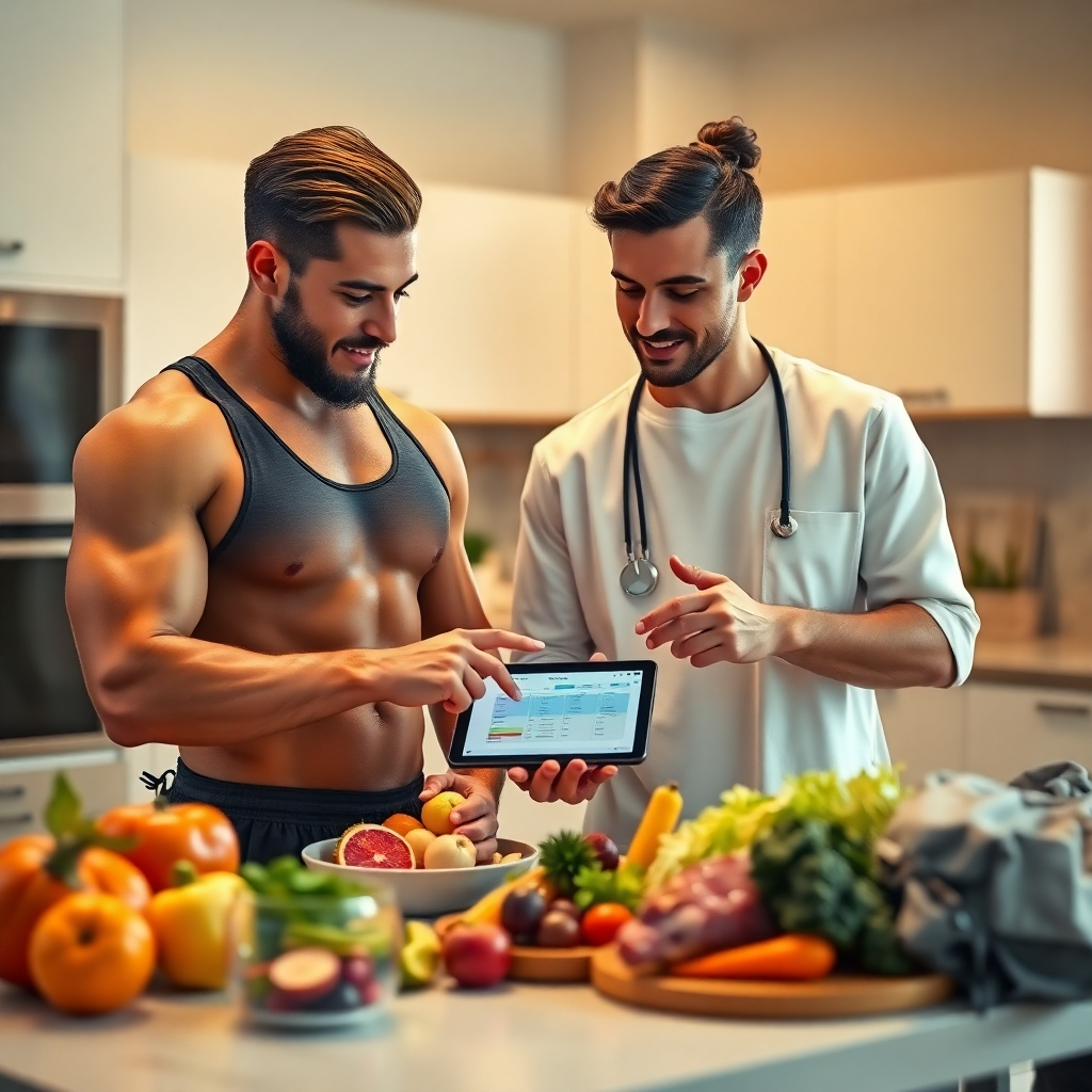 A photorealistic image, 8K resolution and hyperrealistic detail, focuses on a nutritionist consulting with a young male athlete. Soft, warm lighting creates a calm and trusting atmosphere. The color palette is natural and earthy, conveying health and wellness. The camera angle is a close-up over-the-shoulder shot, showing both the athlete and the nutritionist engaged in discussion with healthy food items such as fruits, vegetables and lean protein on a table between them.  The nutritionist is pointing to a nutritional plan on a tablet with a soft glowing screen. Textures should be high resolution; this includes the smooth surface of the tablet, the textures of the food, and the detail on the athlete's athletic attire. The background features a clean, modern kitchen setting, highlighting healthy eating habits.  The style should be similar to a high-end food photography magazine, focusing on clean lines, vibrant color, and high detail. The mood is professional, friendly, informative, and reassuring.