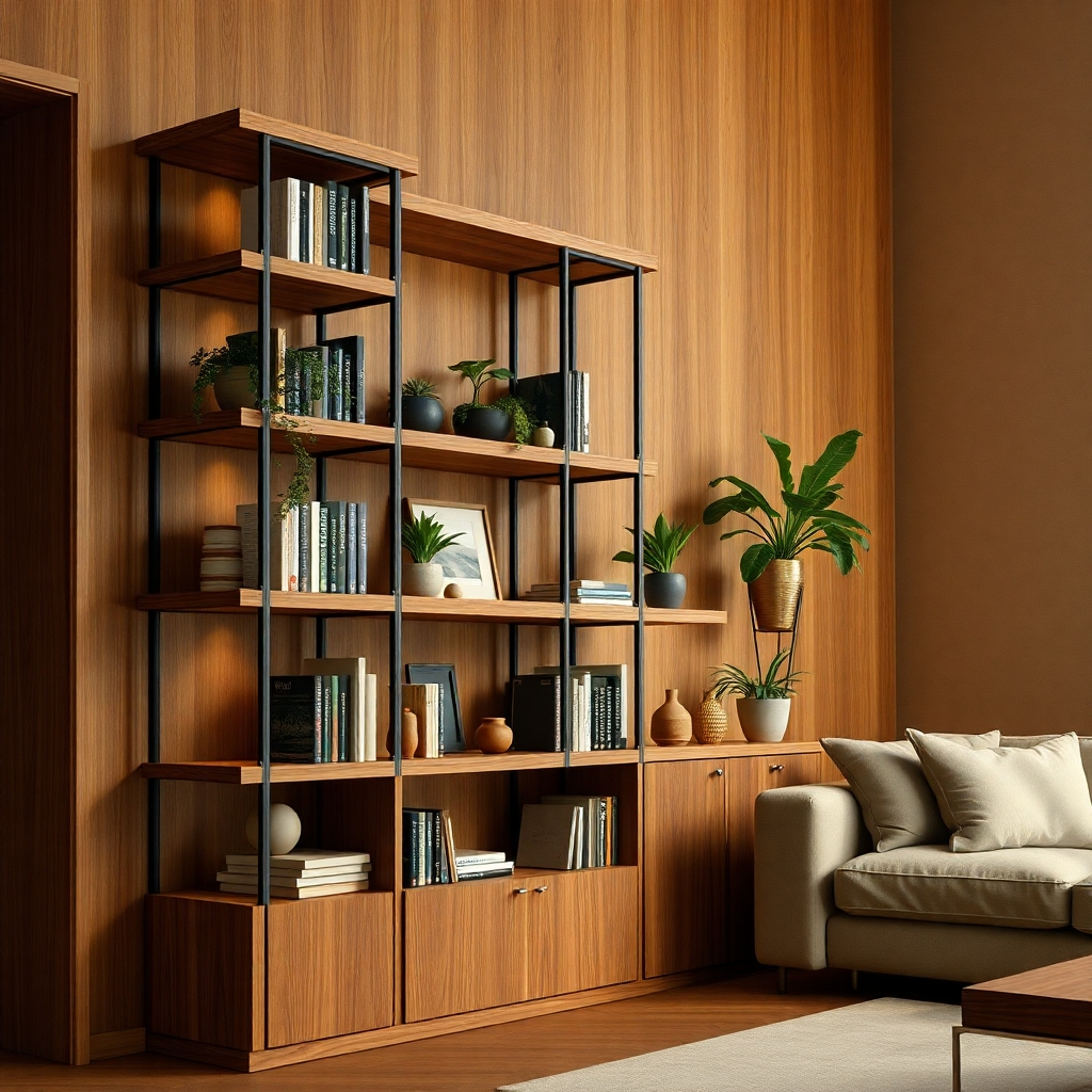 A photorealistic image, 8K resolution, hyperrealistic detail, in the style of a National Geographic nature photography, showcasing a newly installed custom-built oak shelving unit in a cozy living room. The shelving is composed of warm-toned, richly textured oak, with visible wood grain and subtle knots.  The unit is filled with art books, potted plants, and decorative items. Soft, diffused lighting illuminates the shelving unit from the left, casting gentle shadows and highlighting the wood's texture. The camera angle is slightly low, emphasizing the height and depth of the shelving unit. The overall color palette is warm and inviting, with earthy tones of oak, green from the plants, and muted colors of the books and decor. The background features a warm-toned, textured wall with soft lighting and a large, comfortable sofa subtly visible.  The image should convey a sense of warmth, craftsmanship, and elegance.  The shelving should appear sturdy and precisely constructed. Dust motes visible in the soft light.