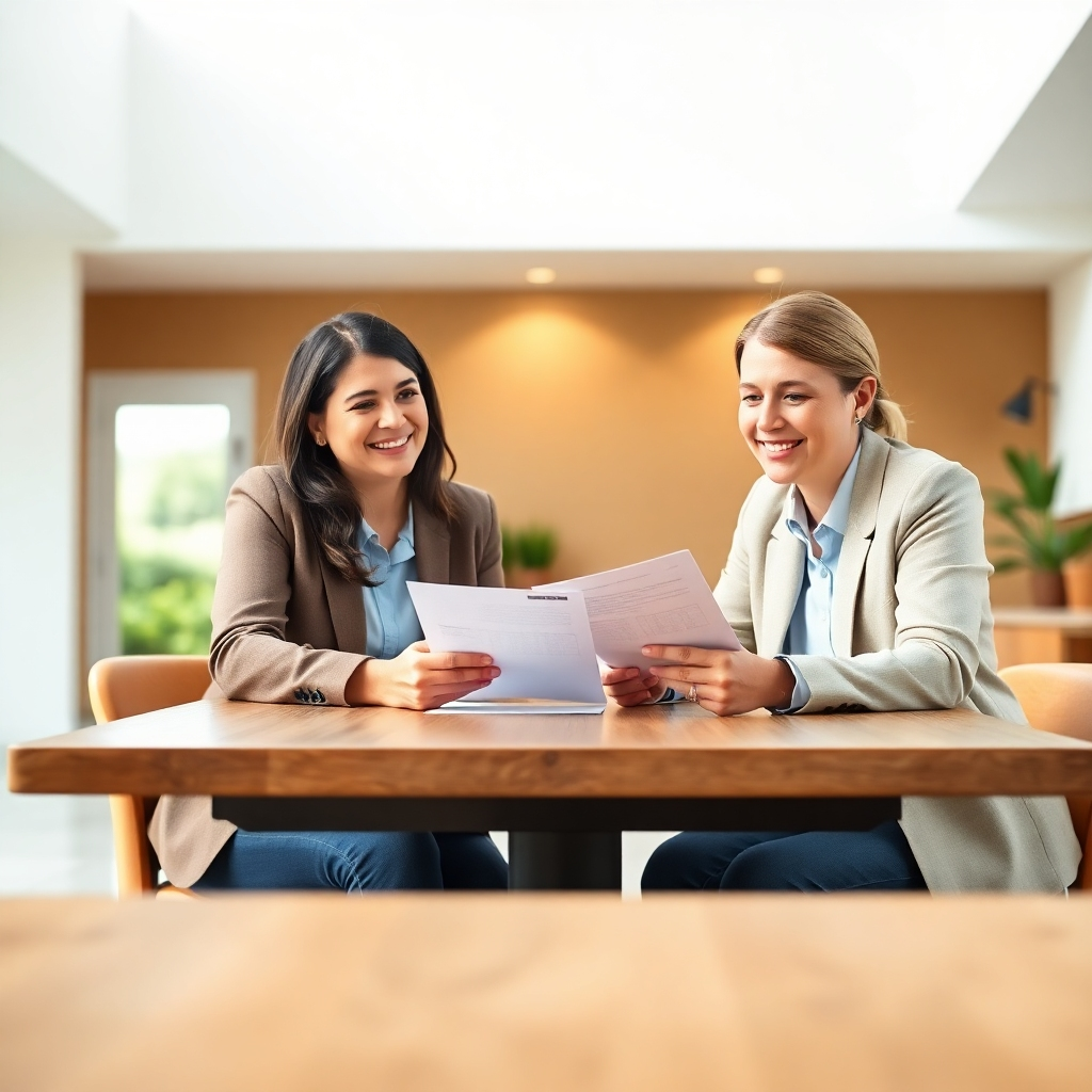 A photorealistic image, 8K resolution, hyperrealistic detail, soft diffused lighting.  A happy couple sits at a modern minimalist wooden table in a brightly lit, airy office.  The Mortgage Broker, dressed professionally, smiles warmly as she explains documents to the couple.  The color palette is warm and inviting, with natural wood tones, soft greys, and pops of calming blue.  The background features clean lines and architectural details, creating a sense of trust and professionalism.  The camera angle is slightly elevated, offering a view from across the table, emphasizing the interaction.  Textures include the smooth, glossy finish of the table, the soft fabric of the couple's clothing, and the subtly textured paper of the documents.  The scene evokes a feeling of calm confidence and financial security.  In the style of Annie Leibovitz.  The scene is ultra-detailed, showcasing the textures of the wood, fabric, and paper.  The overall mood is optimistic and reassuring.