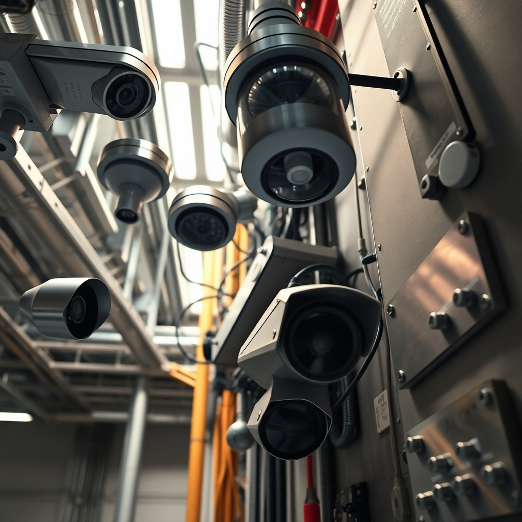 A photorealistic image, 8K resolution, showing a high-tech security system installation in progress. Dramatic side lighting highlights the intricate details of the equipment: high-definition security cameras, motion detectors, access control panels, and sophisticated alarm systems. The color palette is muted and realistic, with the emphasis on the metallic textures and glossy finishes of the technology. The camera angle is a slightly low, dynamic perspective, emphasizing the scale of the installation.  The textures are crucial: the brushed metal of the security cameras, the smooth plastic of the motion detectors, the etched metal plates of the control panels.  The background shows a modern, well-lit building interior with exposed piping and wiring, all neatly organized.  The mood is professional and confident. The image should be hyperrealistic and ultra-detailed. The style should evoke the feeling of precision engineering and advanced technology. Environmental elements include tools and equipment that are clearly professional and associated with high-end security installation.  The overall style should be reminiscent of the work of architectural photographer Iwan Baan.