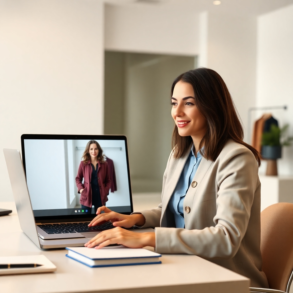 A photorealistic image, 8K resolution, depicting a virtual styling consultation. The setting is a clean, modern, well-lit office with a woman on a laptop video call, interacting with a stylist who appears on the screen.  The lighting is bright but soft, providing even illumination across the scene. The color palette is calming and professional, with neutral tones and pops of color from the clothing items displayed on the screen and in the office. The camera angle is a close-up, focusing on the woman's engaged expression and the laptop screen displaying the stylist's image and clothing options. The textures of the laptop, clothing fabrics (seen on the screen), and the woman's clothing should be realistically detailed. Props include a sophisticated laptop, a stylish notebook, and a well-organized desk. The background of the office is subtly visible, showcasing minimalist décor. The virtual stylist should be realistically rendered, with a friendly and professional demeanor. The overall mood is efficient, professional, yet approachable, mirroring the clean and precise style of contemporary corporate photography. The image should be hyperrealistic and exceptionally detailed, showcasing a smooth, flawless image quality