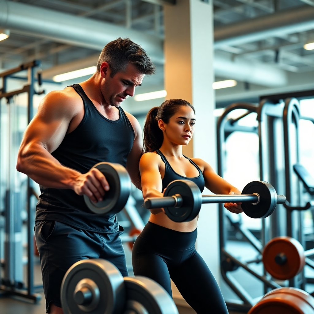A photorealistic image, 8K resolution, hyperrealistic detail, in the style of Annie Leibovitz.  The scene depicts a personal trainer and client in a modern, brightly lit gym. Soft diffused lighting illuminates the scene.  The color palette is vibrant and energetic, with pops of color from the workout equipment. The trainer, mid-30s, athletic build, is guiding the client, early 20s, through a weightlifting exercise. The client is focused and determined. The camera angle is slightly elevated, showing both individuals from the knees up. Textures include the smooth, cool metal of the weights, the sleek surfaces of the workout machines, the client's slightly damp skin, and the trainer's athletic clothing.  The background features modern fitness equipment, clean lines, and minimal clutter. The overall mood is positive, encouraging, and motivating.  The image emphasizes the connection and trust between trainer and client. The image should feature a visible sense of strength, health, and well-being.