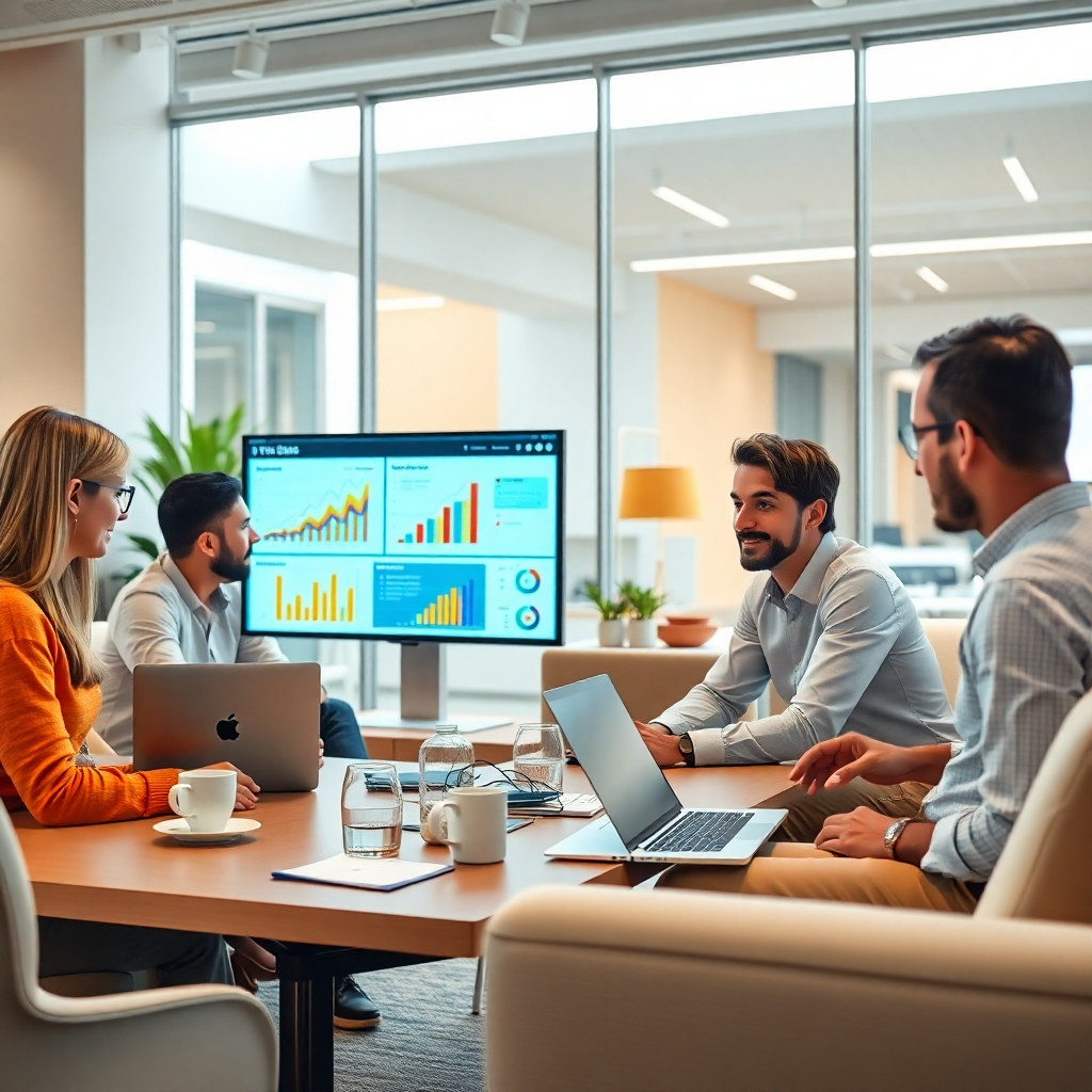 A photorealistic image (8K resolution) showing a modern, brightly lit office space with a team of data analysts working collaboratively. Soft, diffused lighting creates a comfortable and inspiring atmosphere.  The color palette consists of warm, inviting hues like oranges, yellows, and whites, conveying a feeling of optimism and growth. The camera angle is from a slightly elevated perspective, capturing the team’s dynamic interaction. The image features meticulously detailed textures: the soft fabrics of the furniture, the smooth surfaces of the laptops, and the fine details of the charts and graphs. Environmental elements include open-plan office space, natural light from large windows, and modern décor. Props include laptops, large interactive screens displaying dynamic data visualizations, coffee cups, and other everyday office items.  The style references contemporary office spaces showcasing collaboration and innovation, similar to successful tech companies. The image should project a feeling of energy, progress, and success through data-driven insights.  The visualization on the screen should demonstrate a successful data-driven business analysis outcome.
