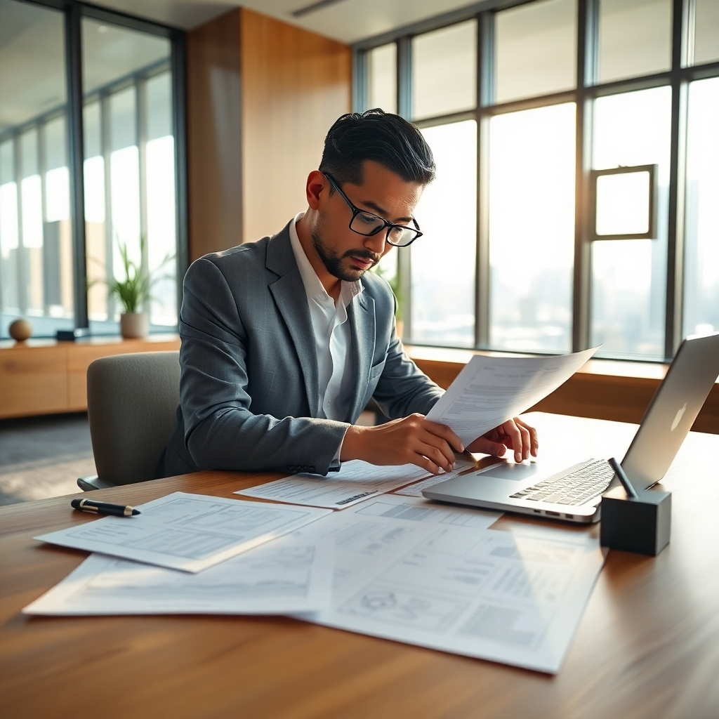 A photorealistic image, 8K resolution, hyperrealistic detail, depicting a real estate appraiser meticulously reviewing property documents inside a sunlit, modern office. Soft, diffused lighting illuminates the scene, creating a warm and inviting atmosphere. The color palette is composed of natural wood tones, muted greens, and soft whites. The appraiser is dressed professionally; the documents are spread on a large wooden desk with a sleek laptop and a tasteful pen holder. The camera angle is slightly elevated, showing the documents and the appraiser's focused expression.  Textures are highly detailed: the wood grain of the desk, the paper texture of the documents, the subtle wrinkles of the appraiser's suit. The background features a modern city skyline visible through large windows, hinting at the property's location. The overall mood is professional, trustworthy, and efficient.  The style references the clean, minimalist photography of Benjamin Von Wong, focusing on detail and realism.  The image is rendered in a cinematic style, with a shallow depth of field to emphasize the documents and the appraiser.